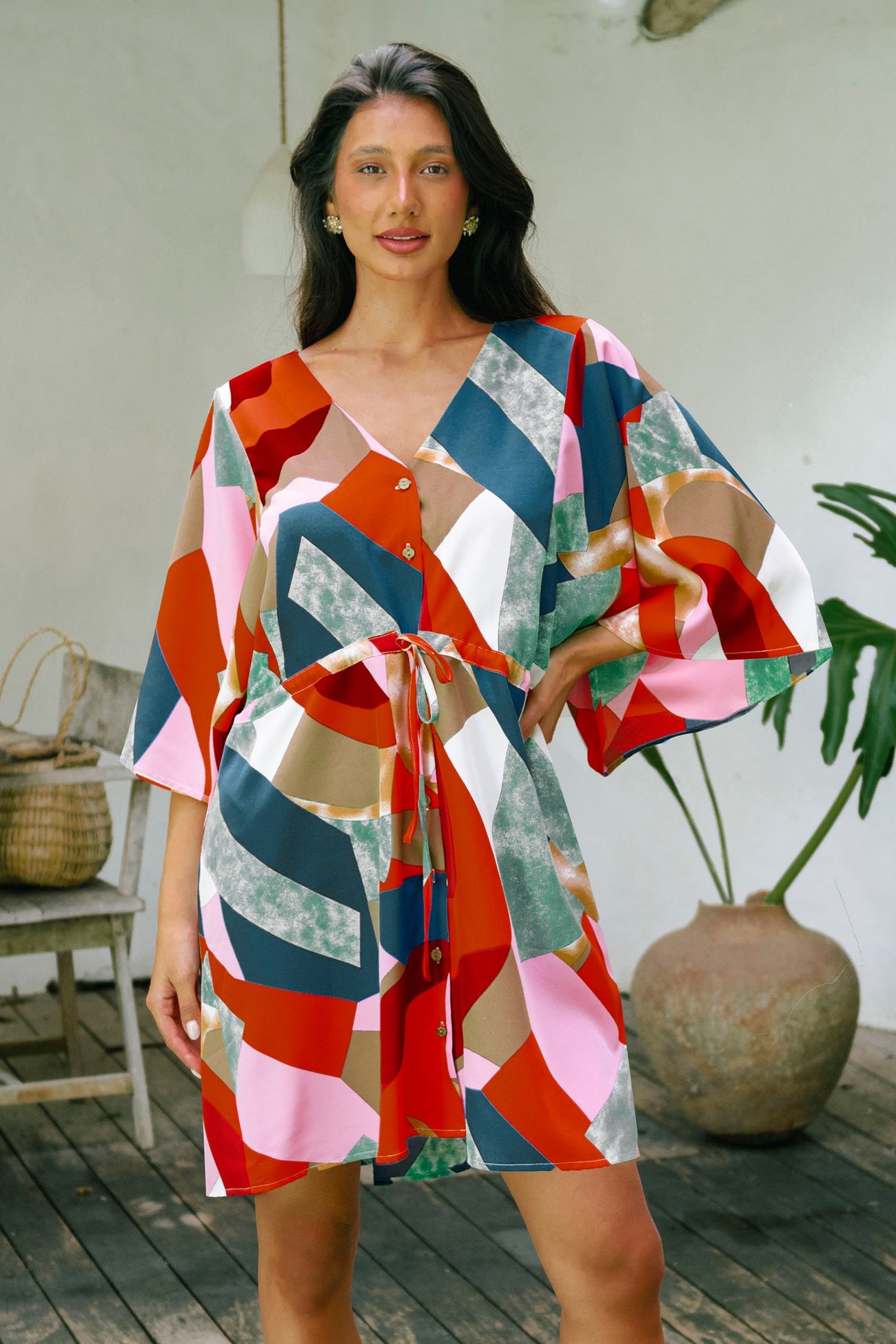Colorful Abstract Print Tie Waist Dress