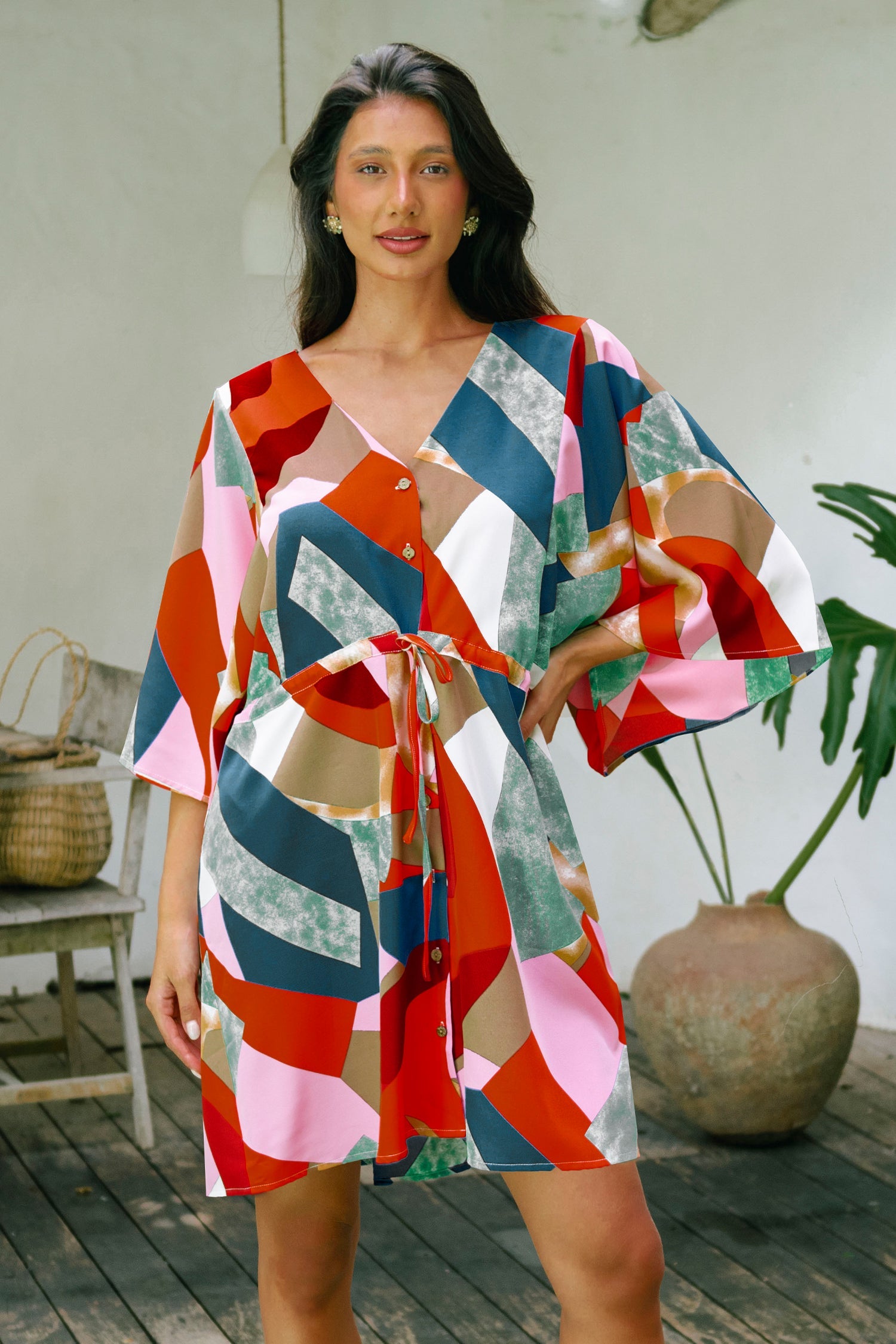 Colorful Abstract Print Tie Waist Dress