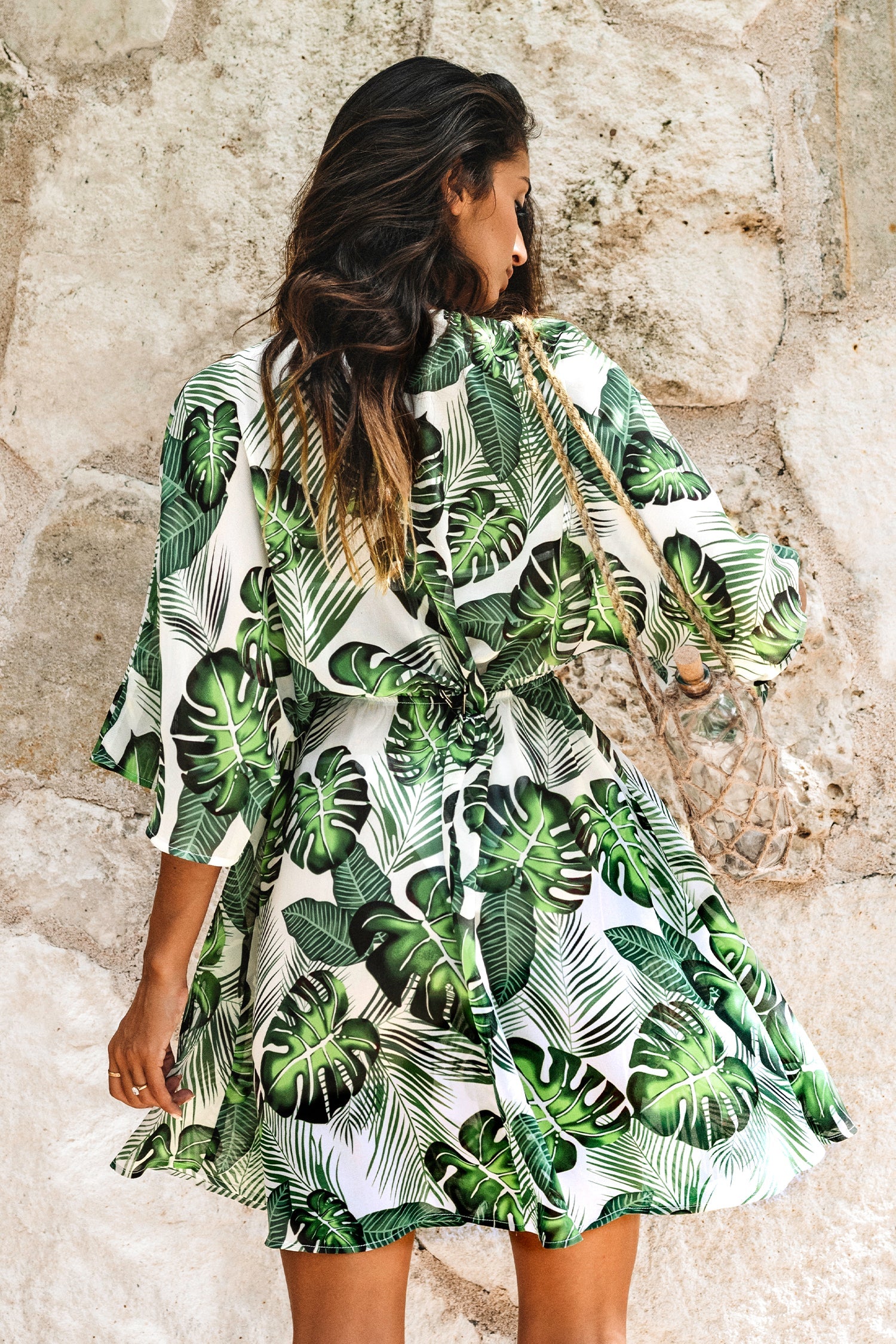Tropical Leaf Drawstring Cover-Up Dress