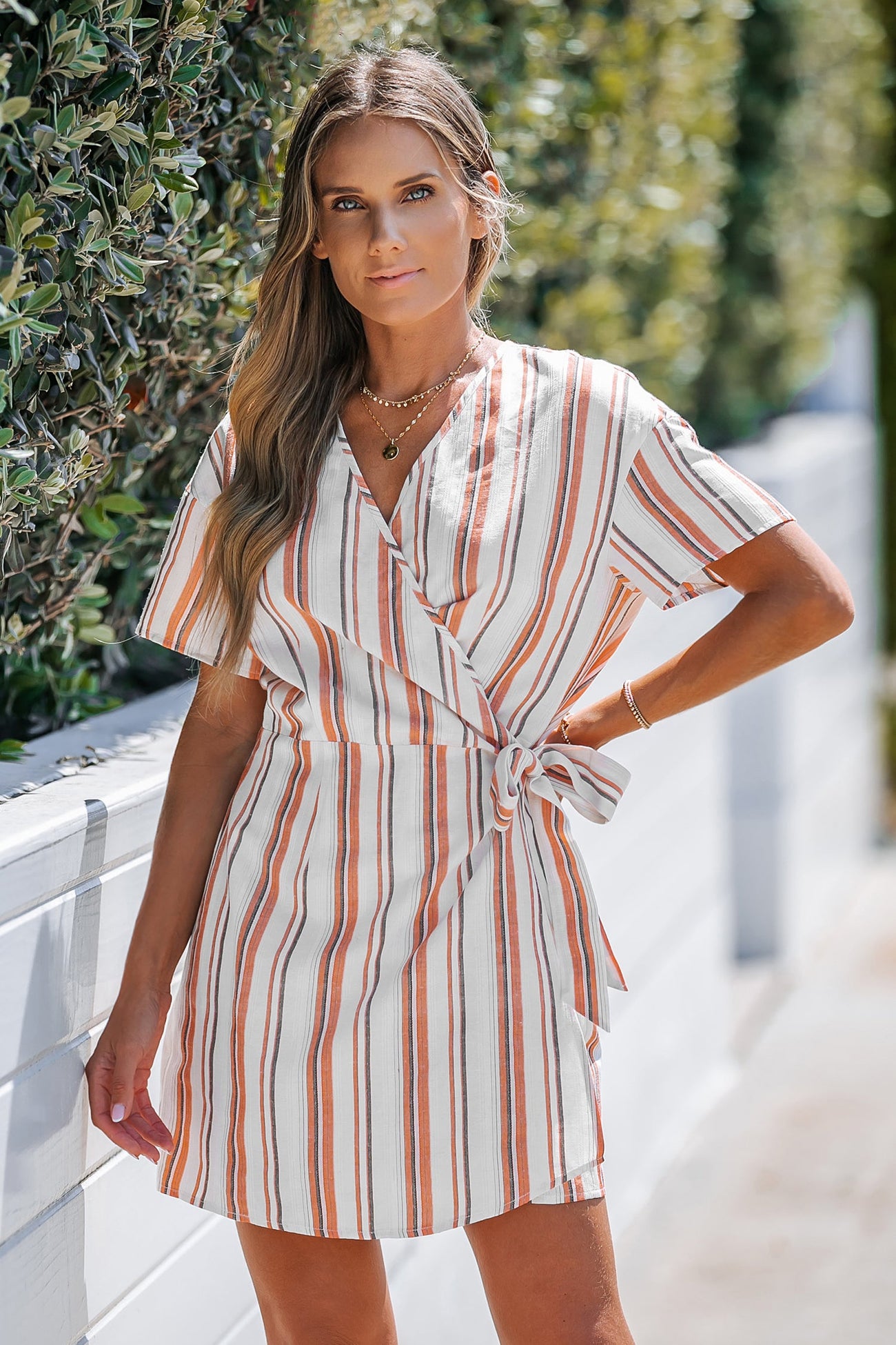 Belted Striped Wrap Mini Dress