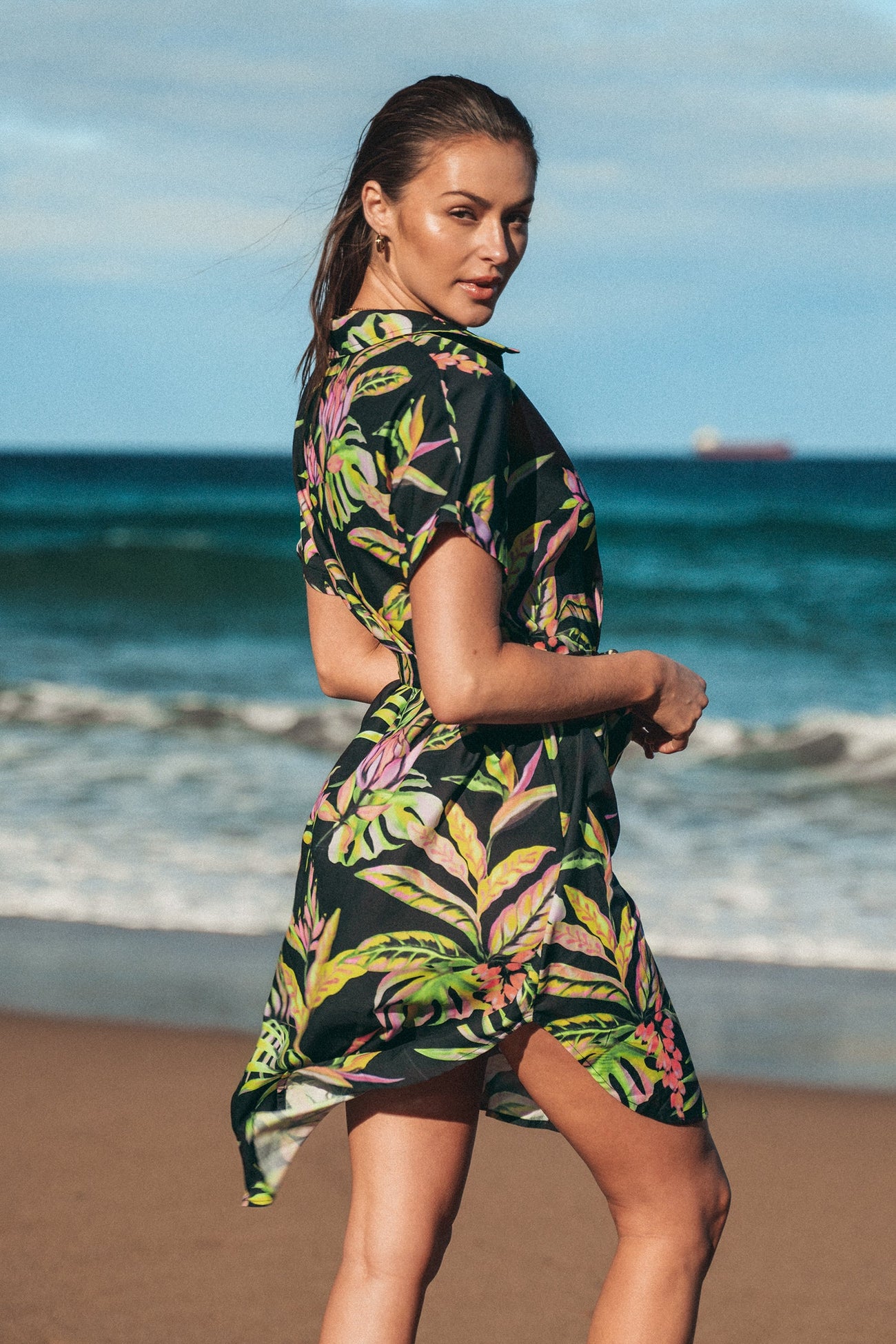 Tropical Leaf Shirt Collar Dress