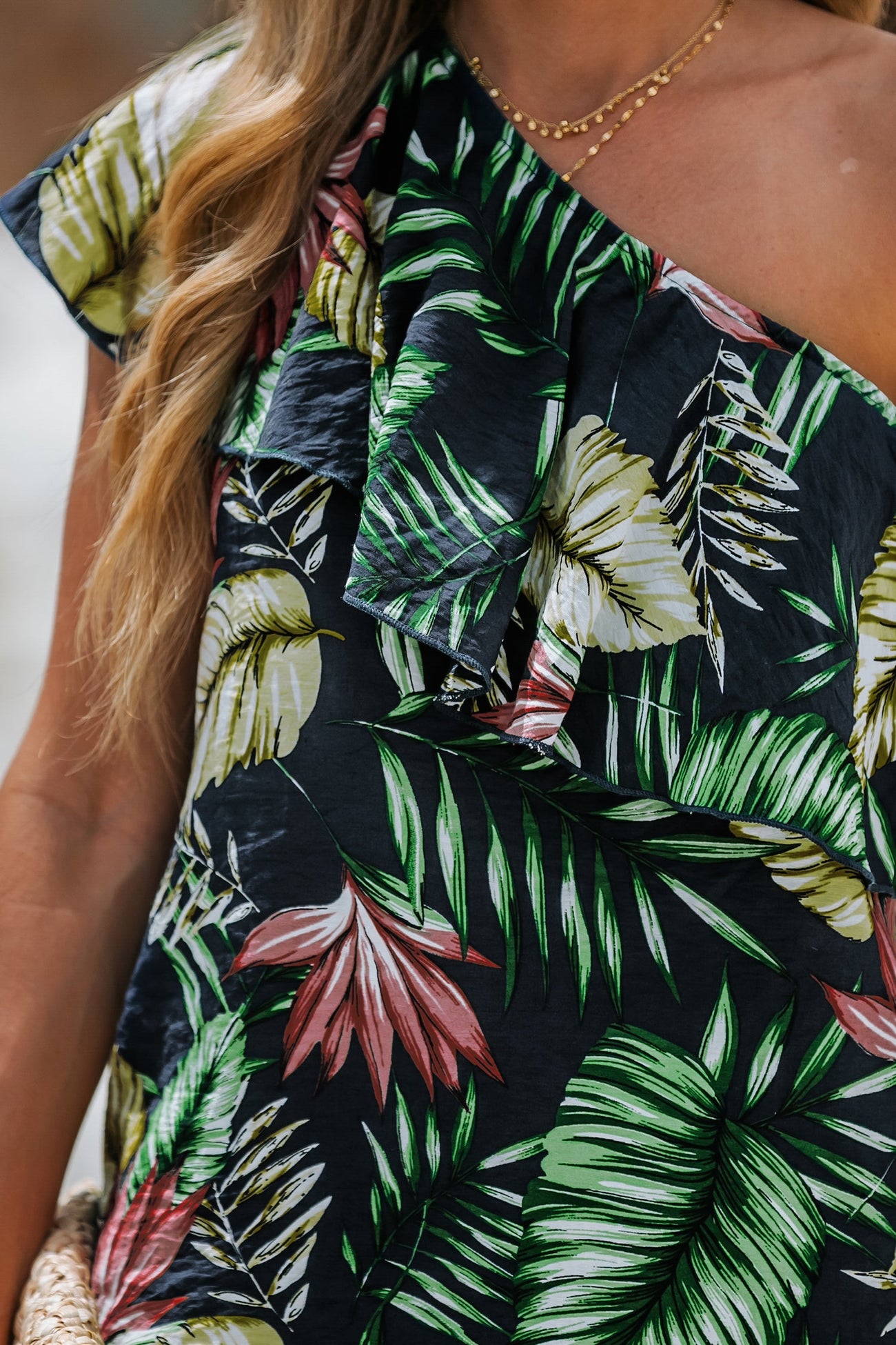 Tropical Leaf Print Ruffled One-Shoulder Top