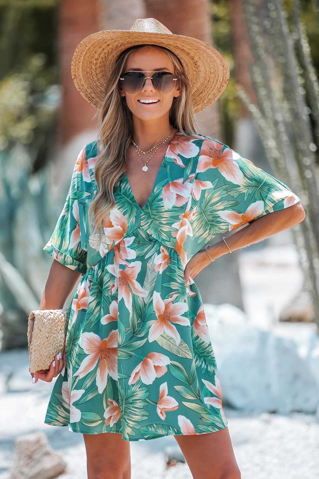 Tropical Floral Leaf Print V-Neck Dress