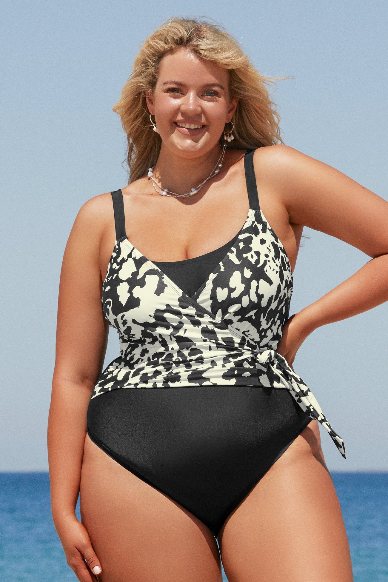 Darker Mottled Light Tie Side Plus Size One Piece Swimsuit