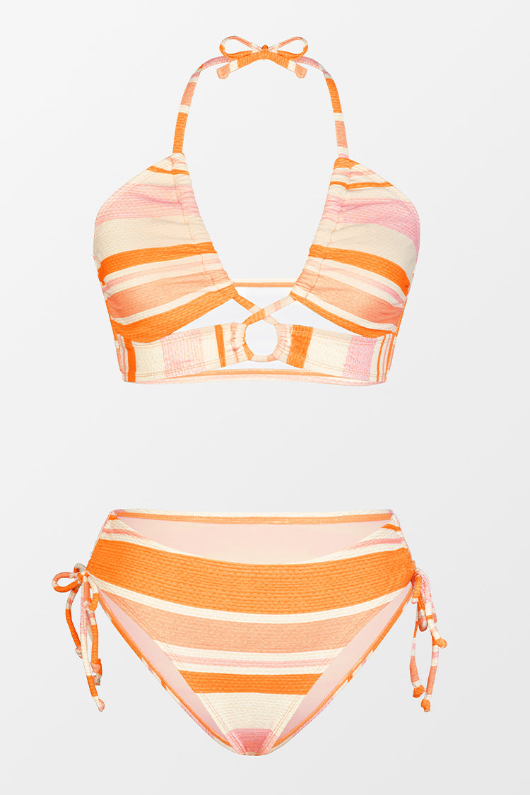Happy Stripe Tunneled Cutout Bralette And Hipster Set