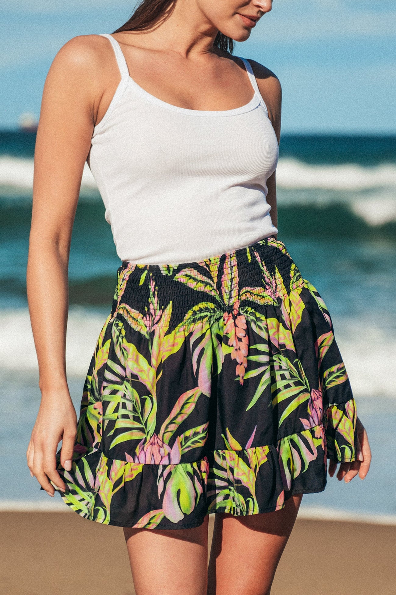 Tropical Leaf Print Smocked Skirt