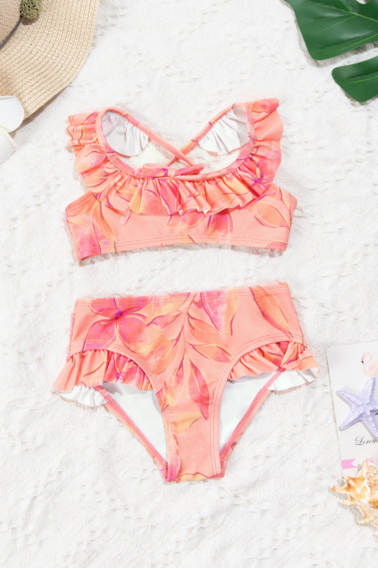 Girls Luminescent Ruffled Tie Back Bralette & Hipster Bikini Set