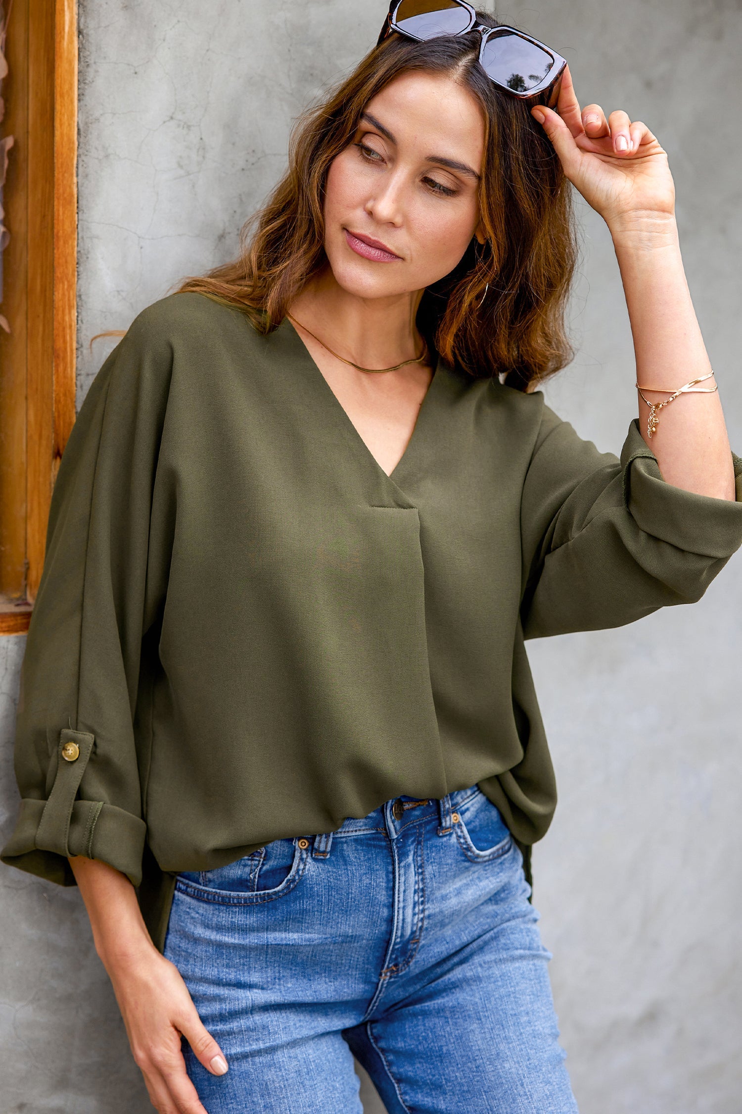 Addison V-Neck Rolled Cuff Top