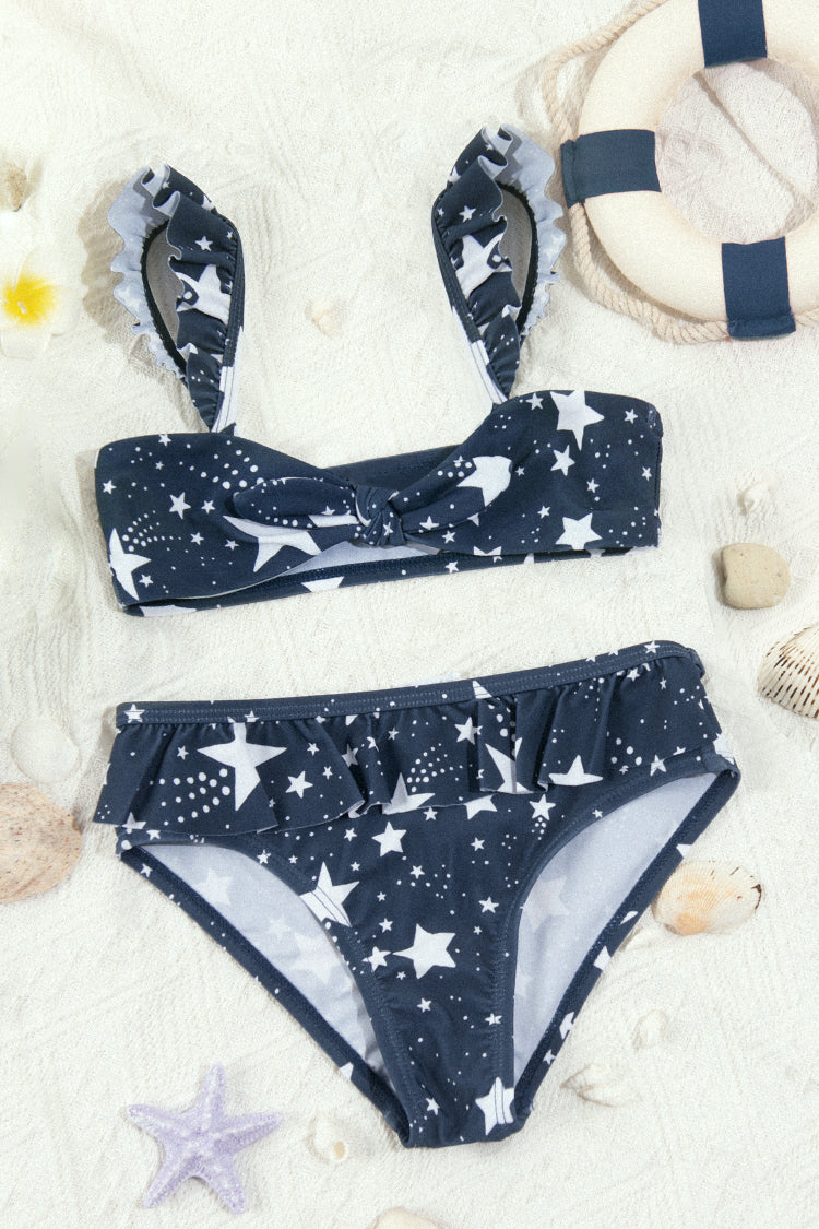 4th of July Starlight Faux Bunny Tie Bralette & Ruffled Hipster Bikini For Girls
