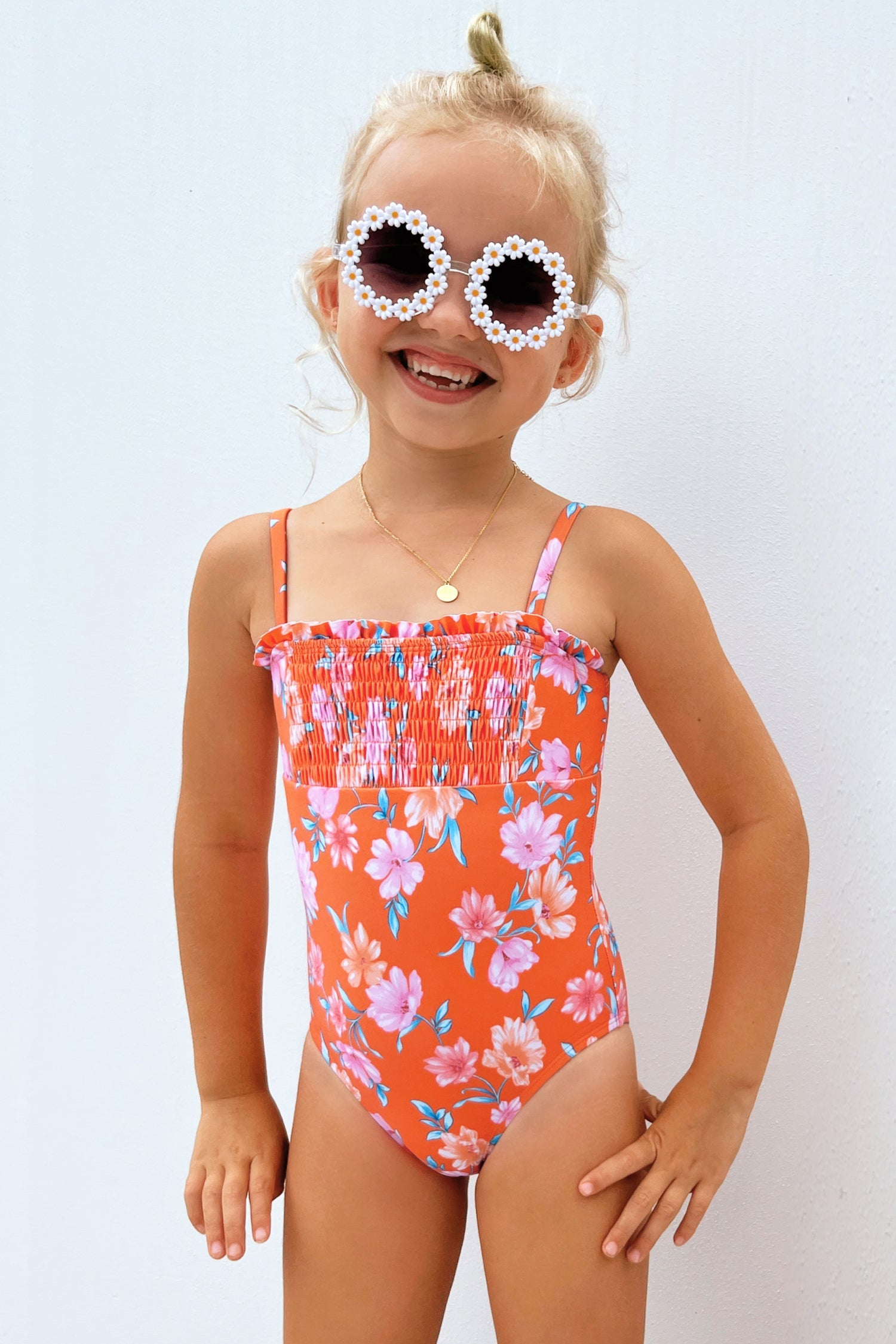 Girls Faded Night Blooming Smocked One Piece Swimsuit