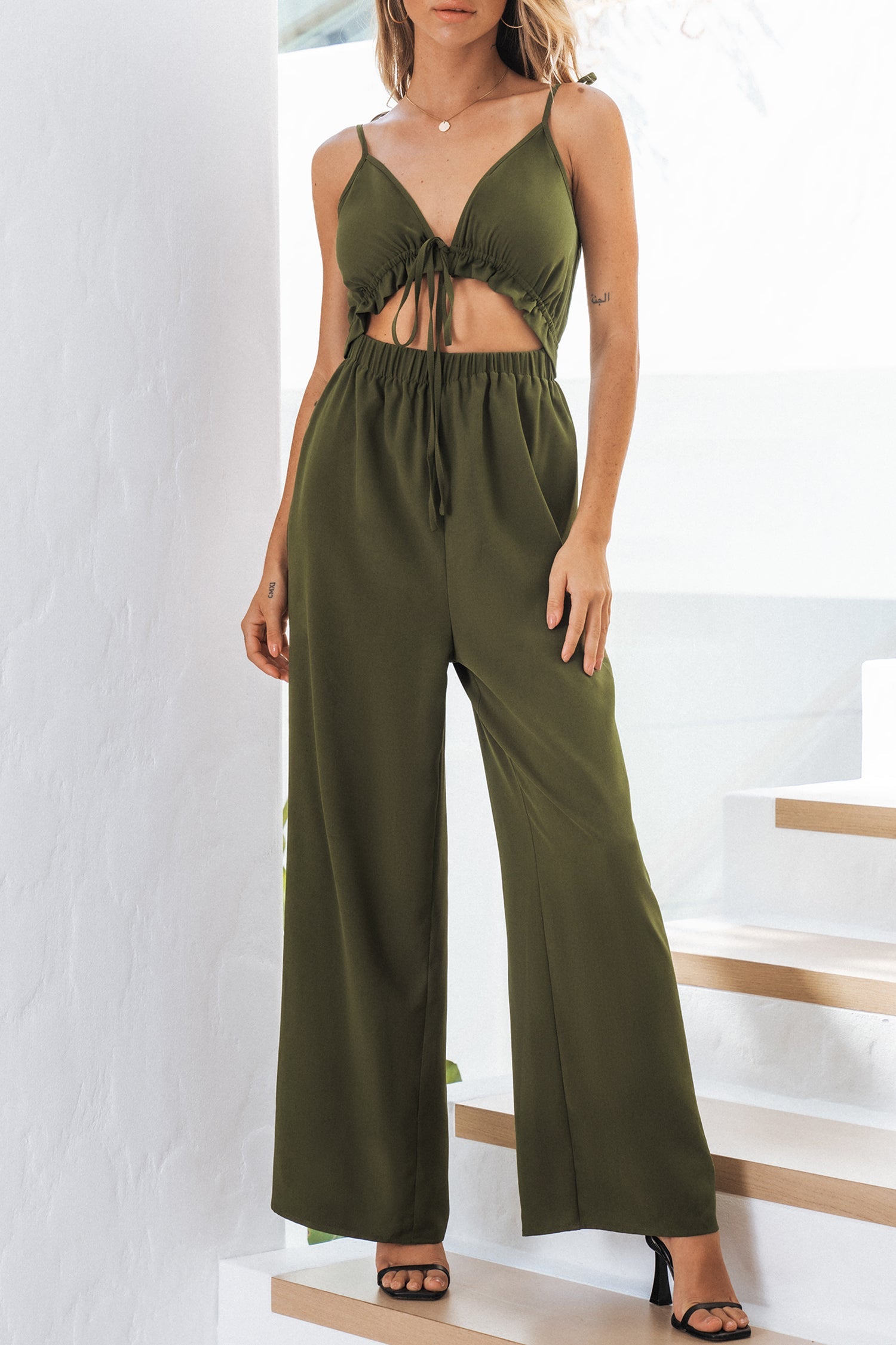 Jeanette Cutout Tie Front Cami Jumpsuit