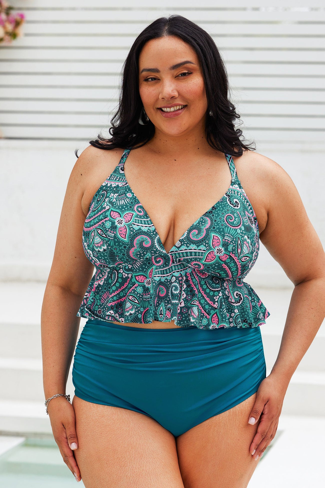 Summer Paisley Ruffled Tankini & Retro High Waist Plus Size Set