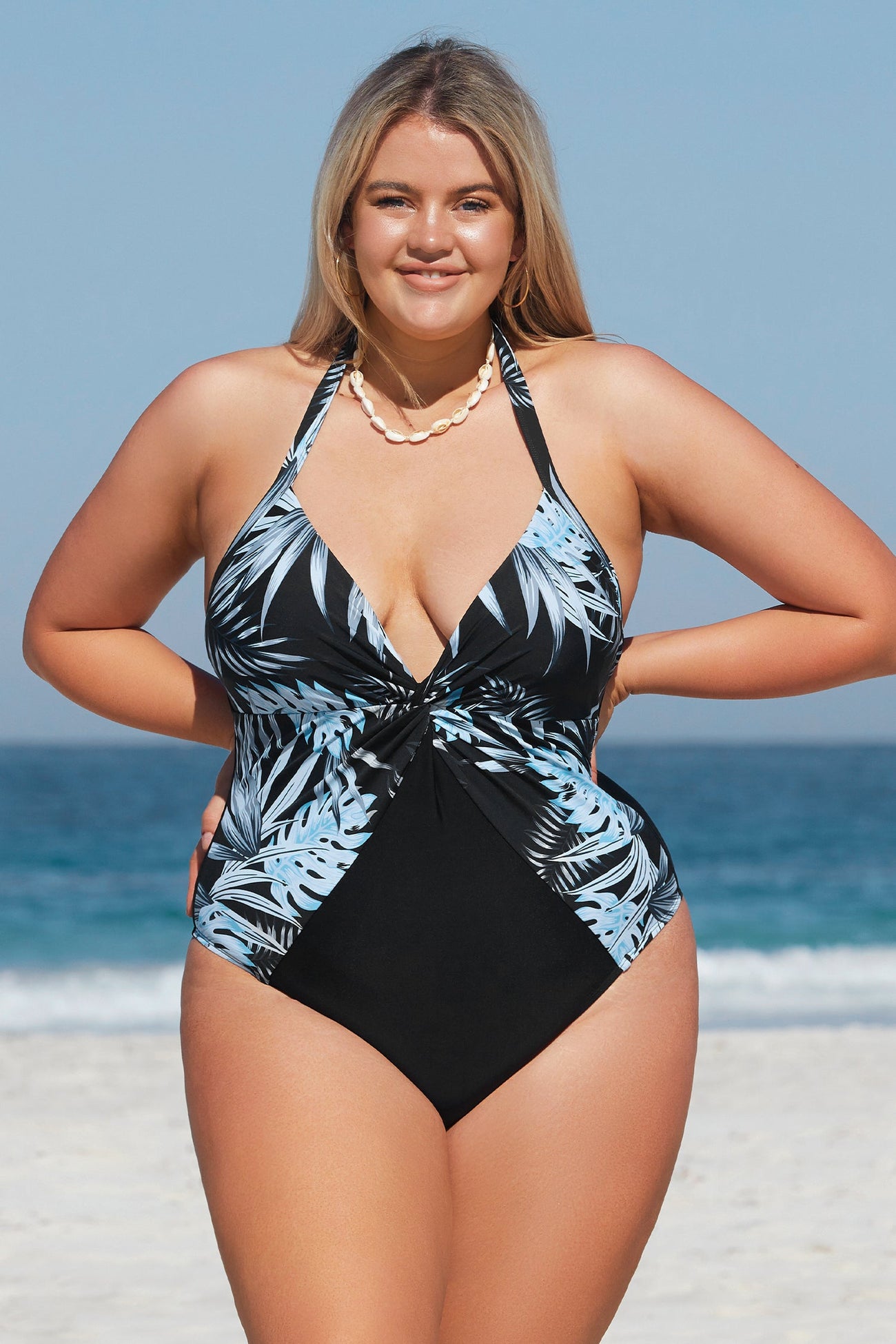 Digital Leaves Plunge Twist Halter Plus Size One Piece Swimsuit