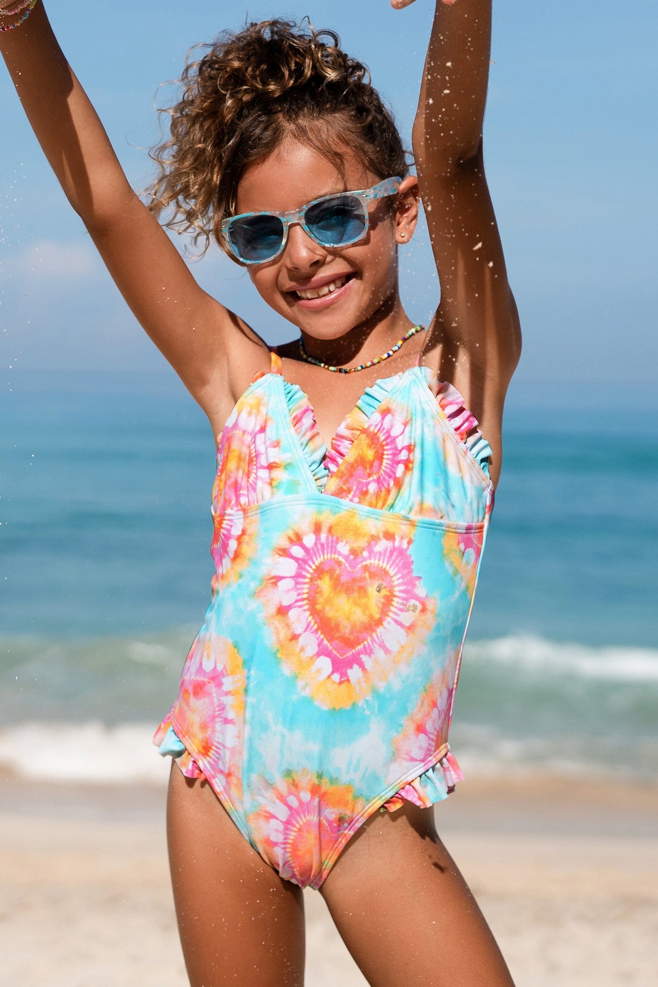 Girls Heart Tie-Dye Wash V-Neck Ruffles One Piece Swimsuit
