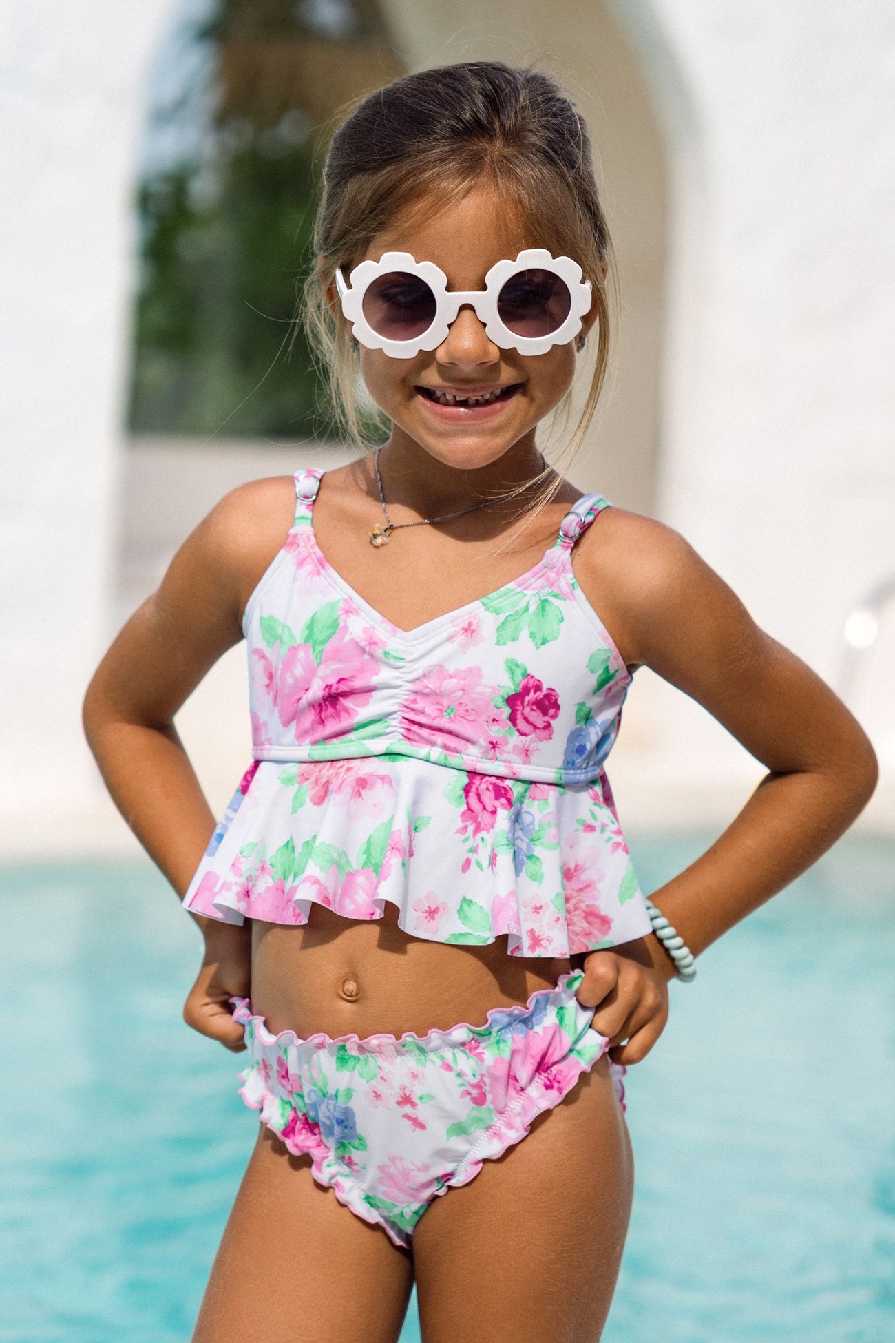 Girls Floral Ruffled V-Neck Tankini & Lettuce-Edge Set