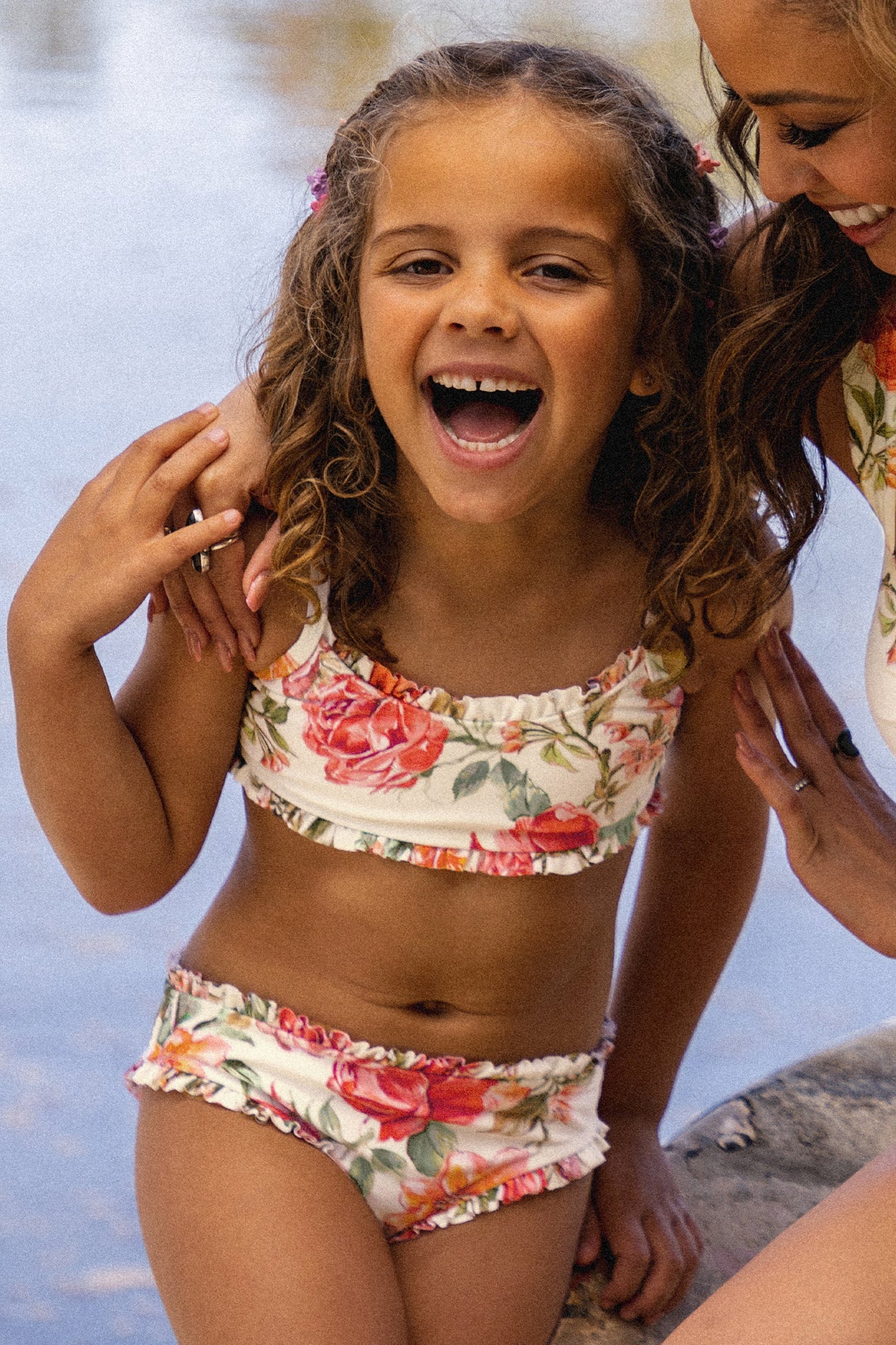 Girls Elegant Rose Ruffled Top & Mid Rise Bikini Set