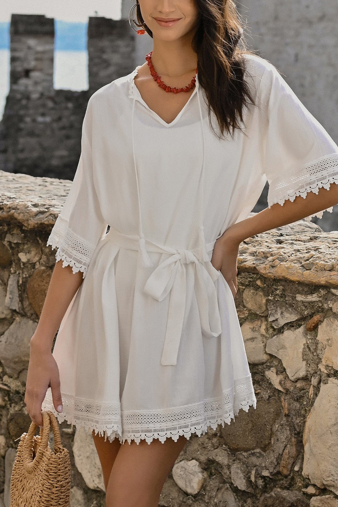 Belted Tie Front Lace Cover-Up Dress