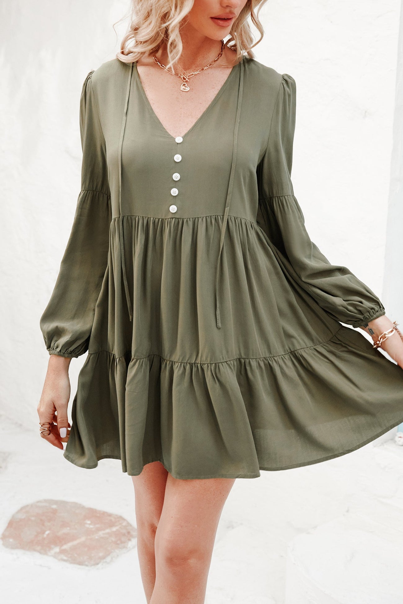 Fancy Gift Long Sleeve Ruffle V-neck Dress