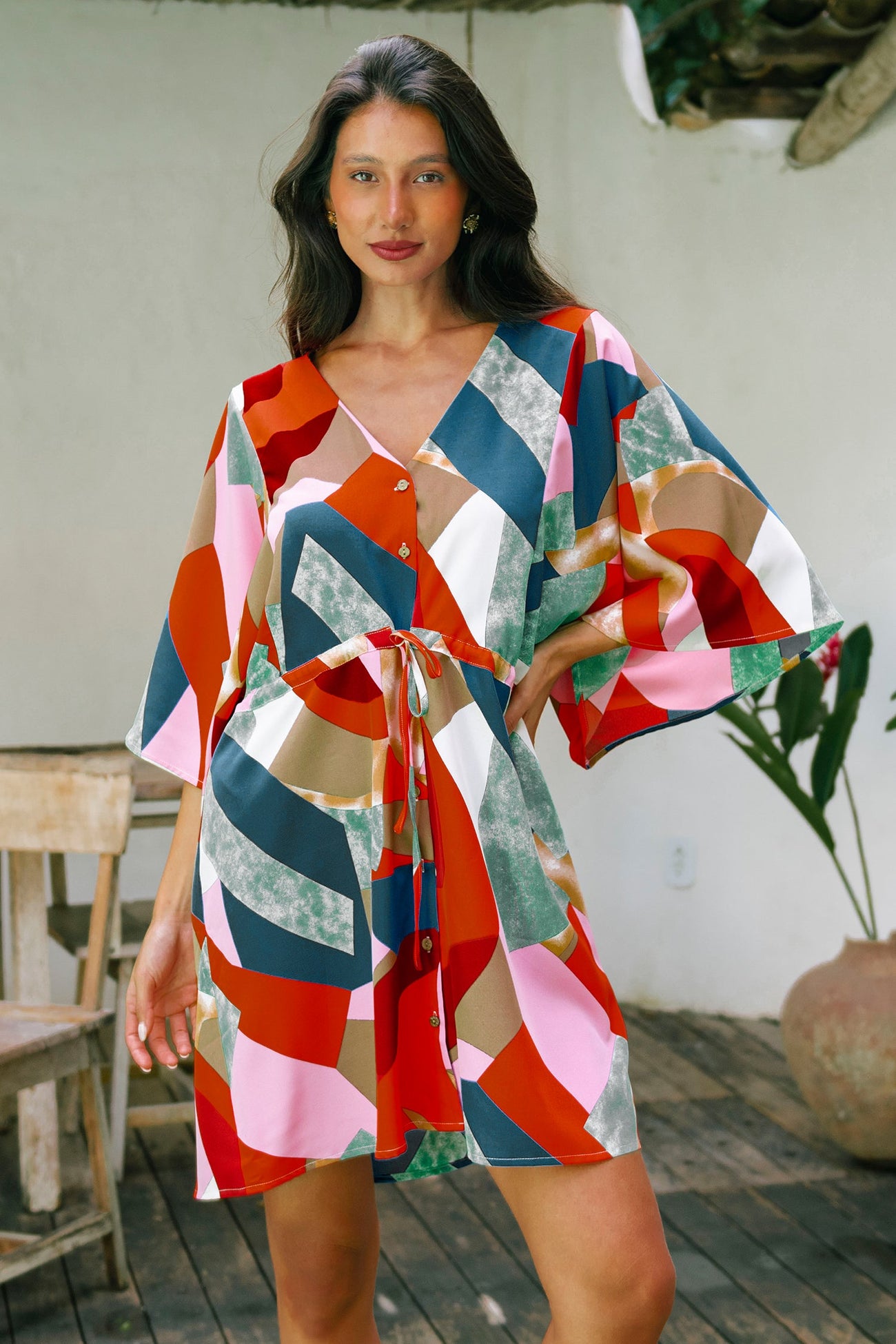 Colorful Abstract Print Tie Waist Dress