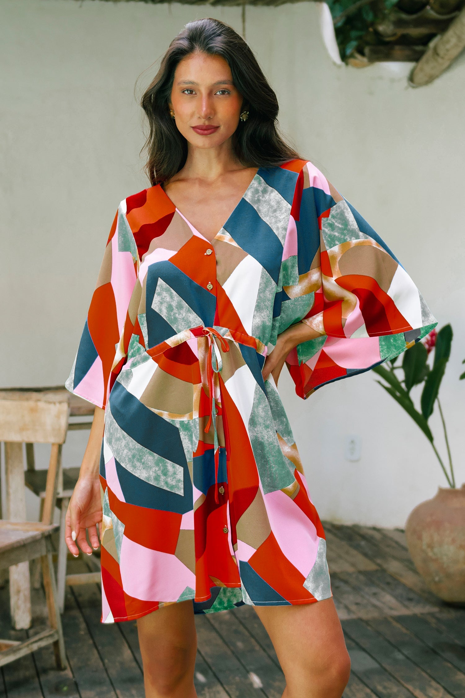 Colorful Abstract Print Tie Waist Dress
