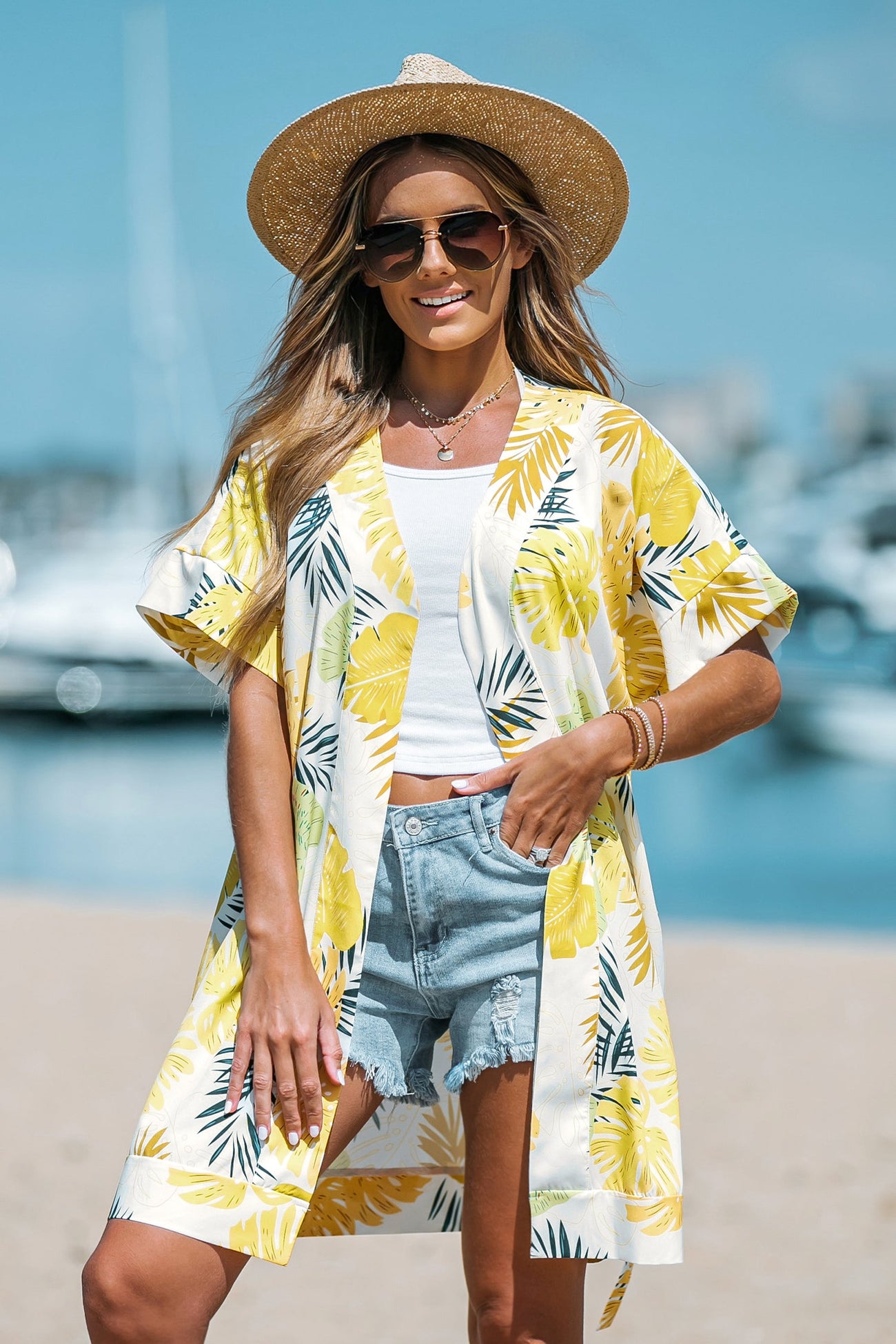 Tropical Leaf Print Belted Cover-Up Kimono