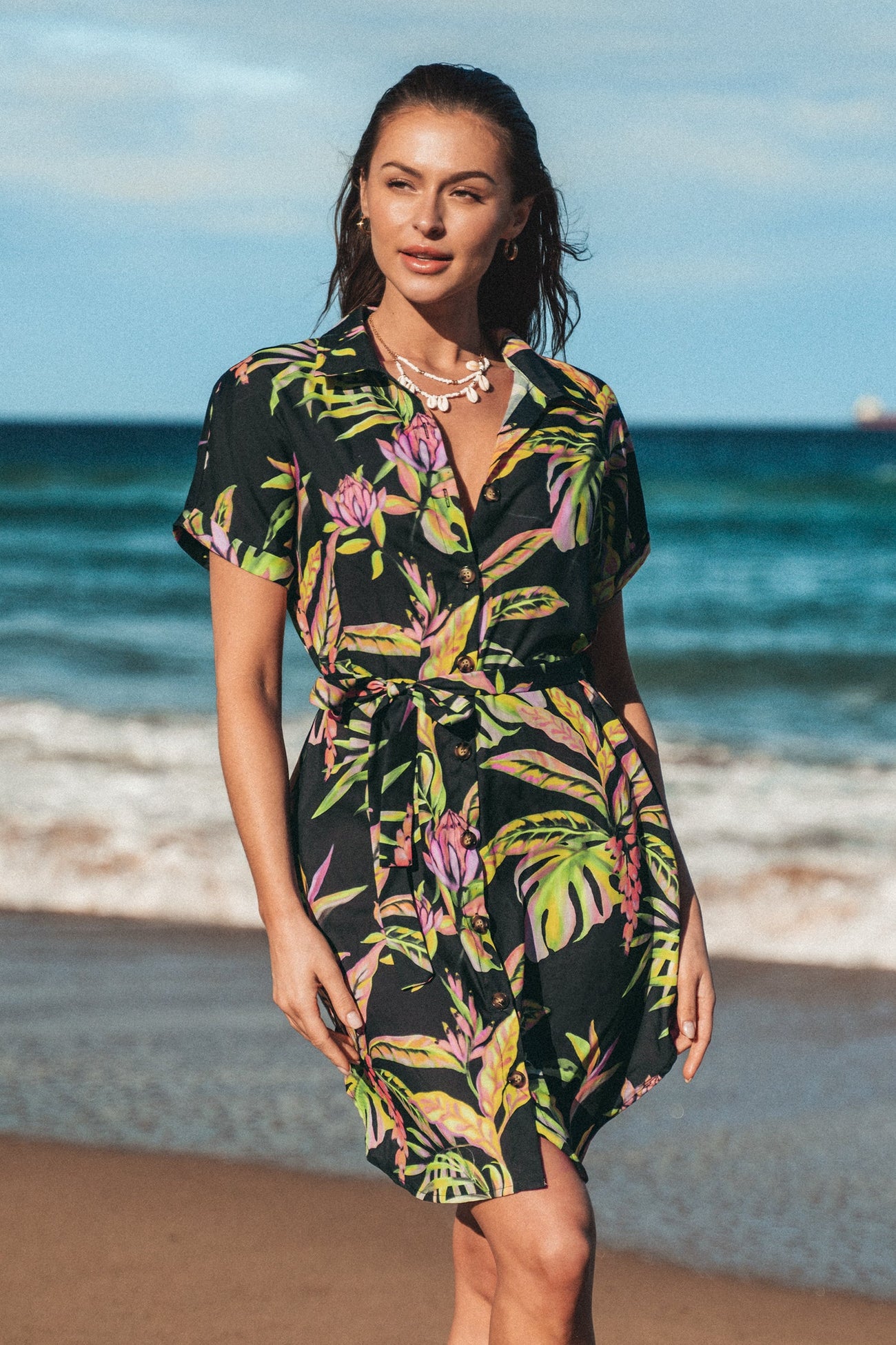Tropical Leaf Shirt Collar Dress