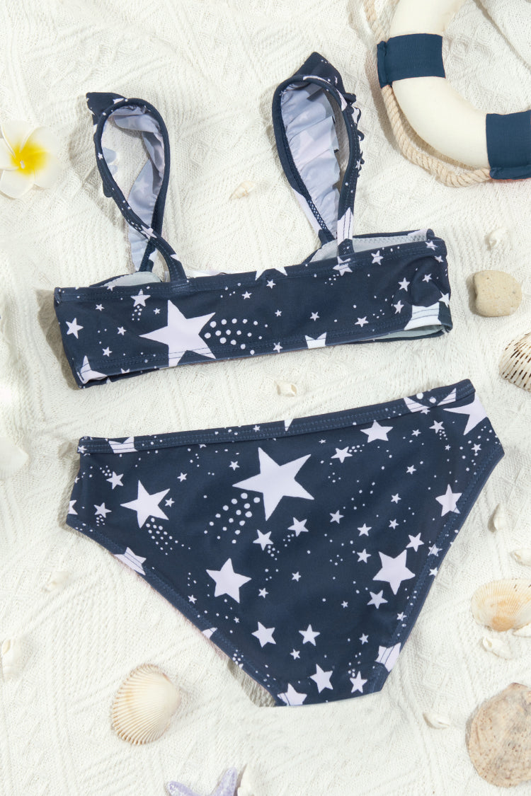 4th of July Starlight Faux Bunny Tie Bralette & Ruffled Hipster Bikini For Girls