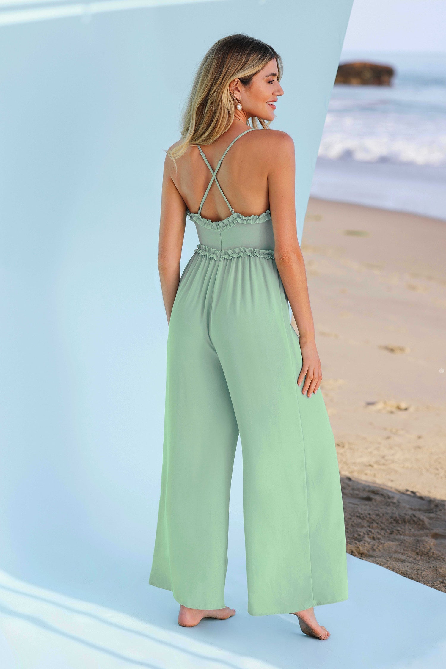 X Madison Beach Wedding Love Ruffled Cross Back Jumpsuit