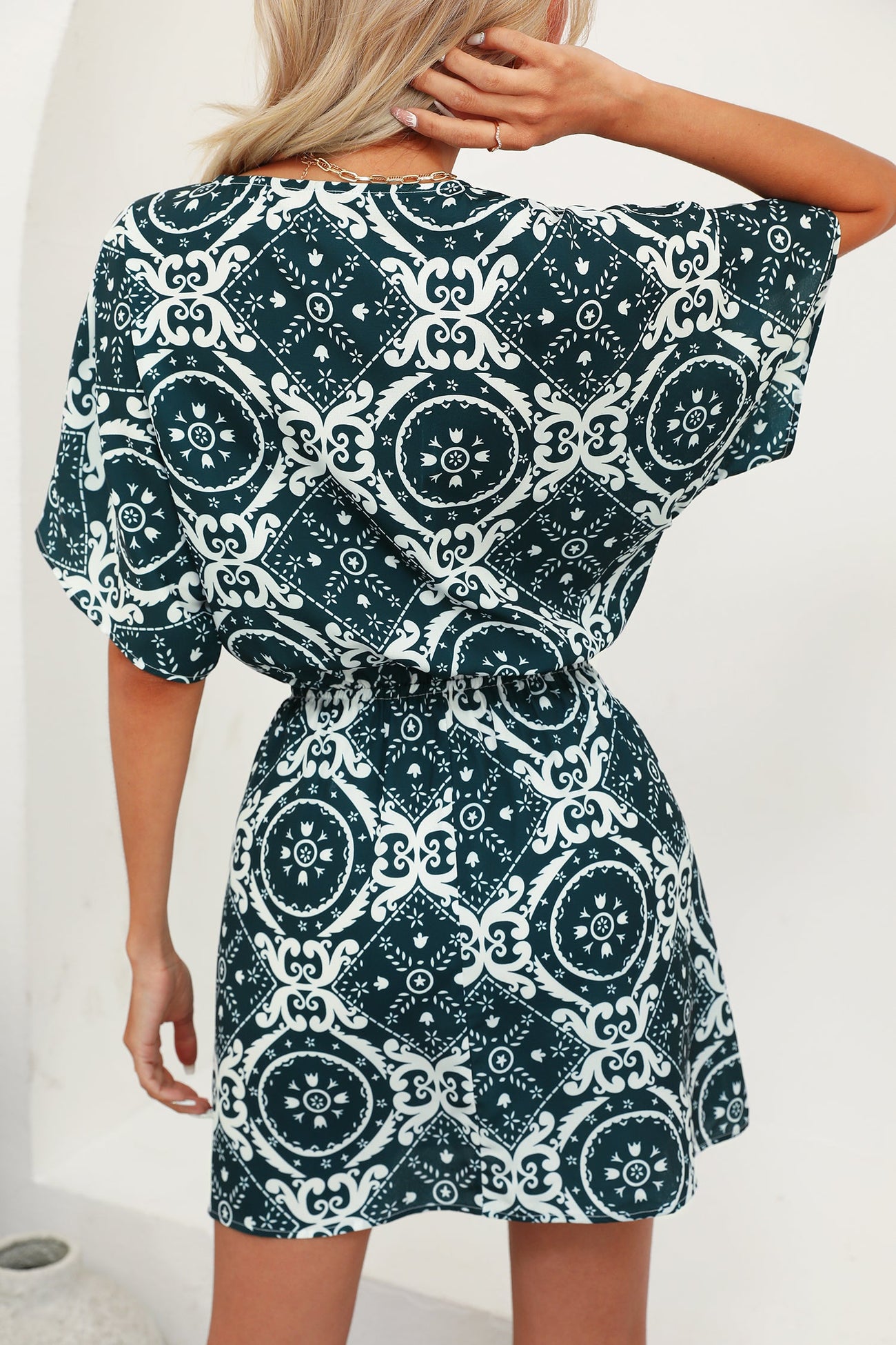 Ornate Print Drawstring Mini Dress