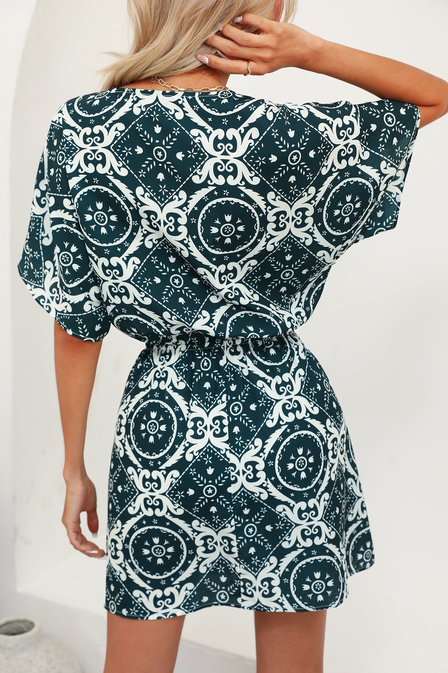 Ornate Print Drawstring Mini Dress