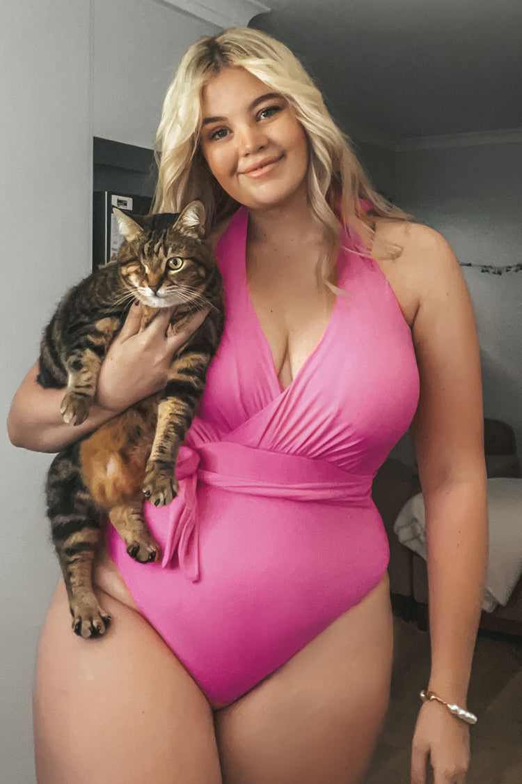 Summer Dreaming Surplice Pink Halter Plus Size One Piece Swimsuit