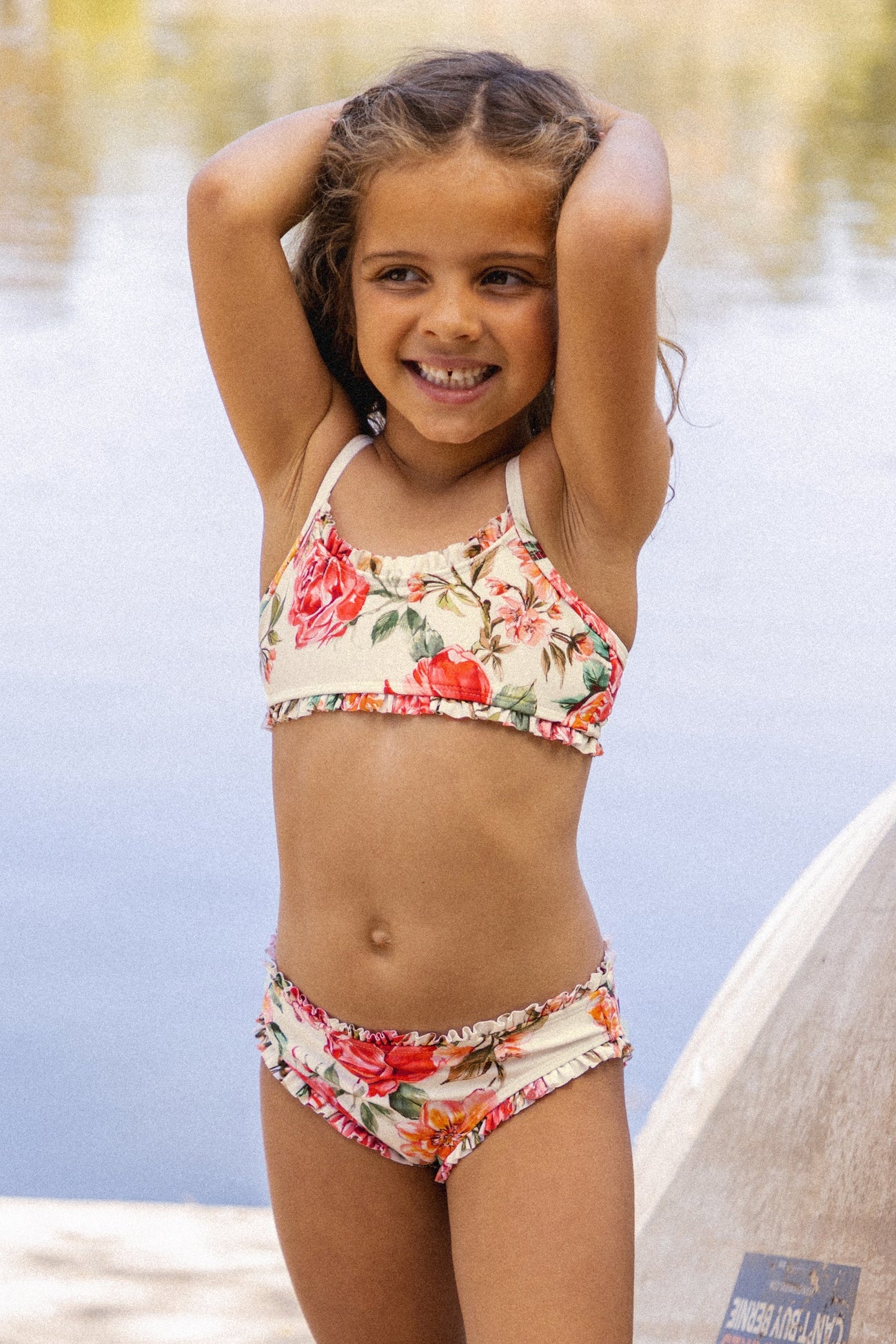 Girls Elegant Rose Ruffled Top & Mid Rise Bikini Set