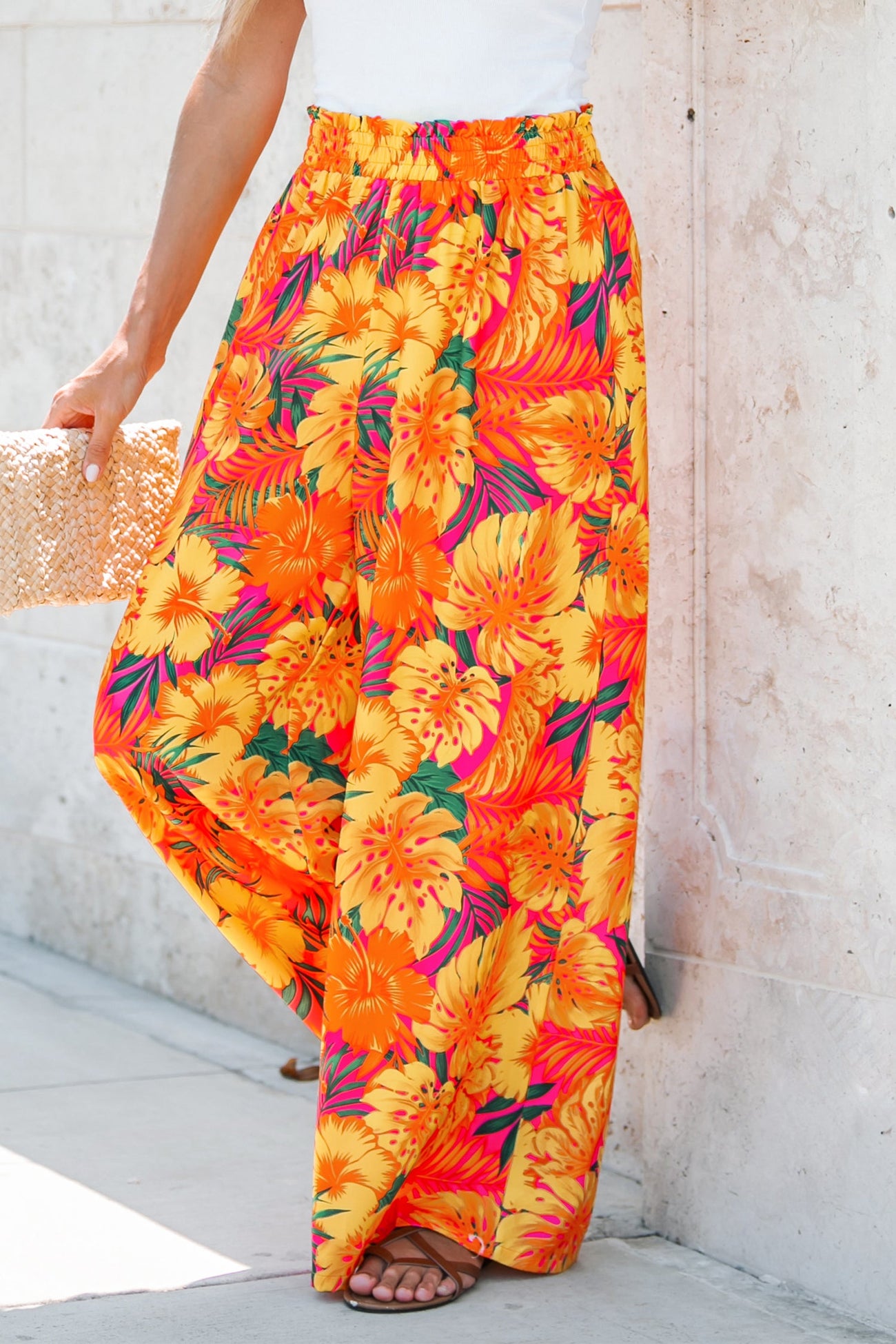 Colorful Tropical Print Smocked Pants