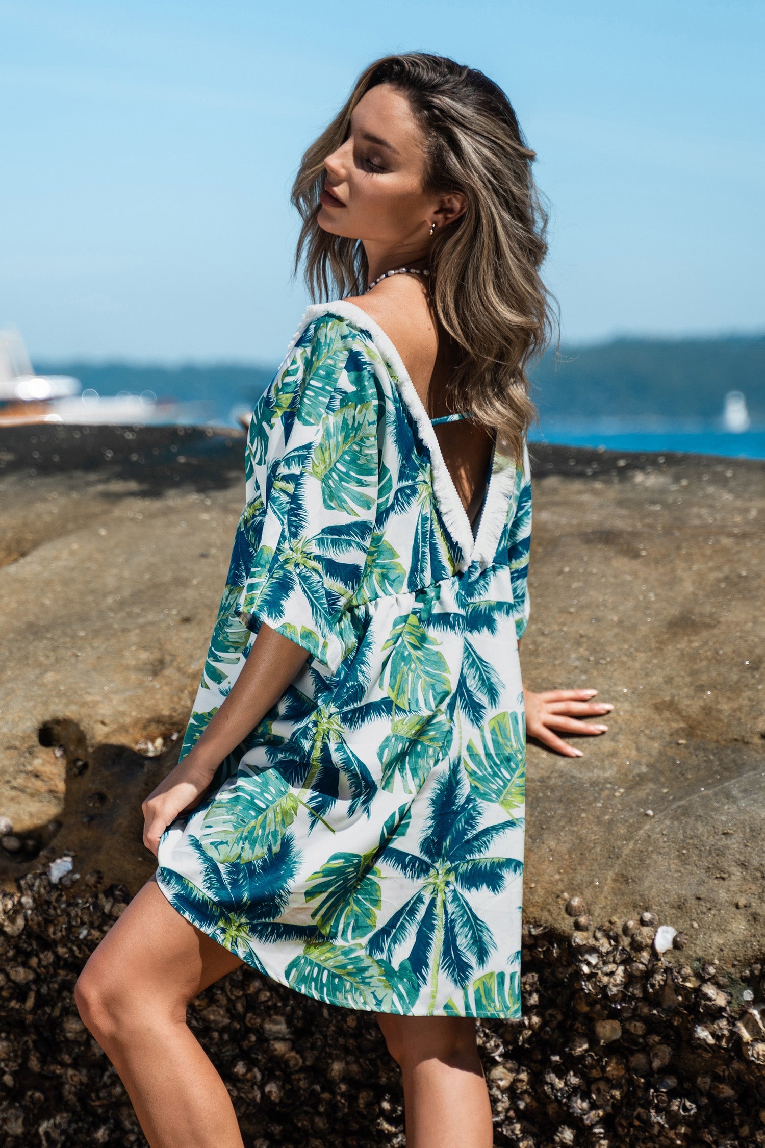 Tropical Leaf Print V-neck Cover-Up Dress