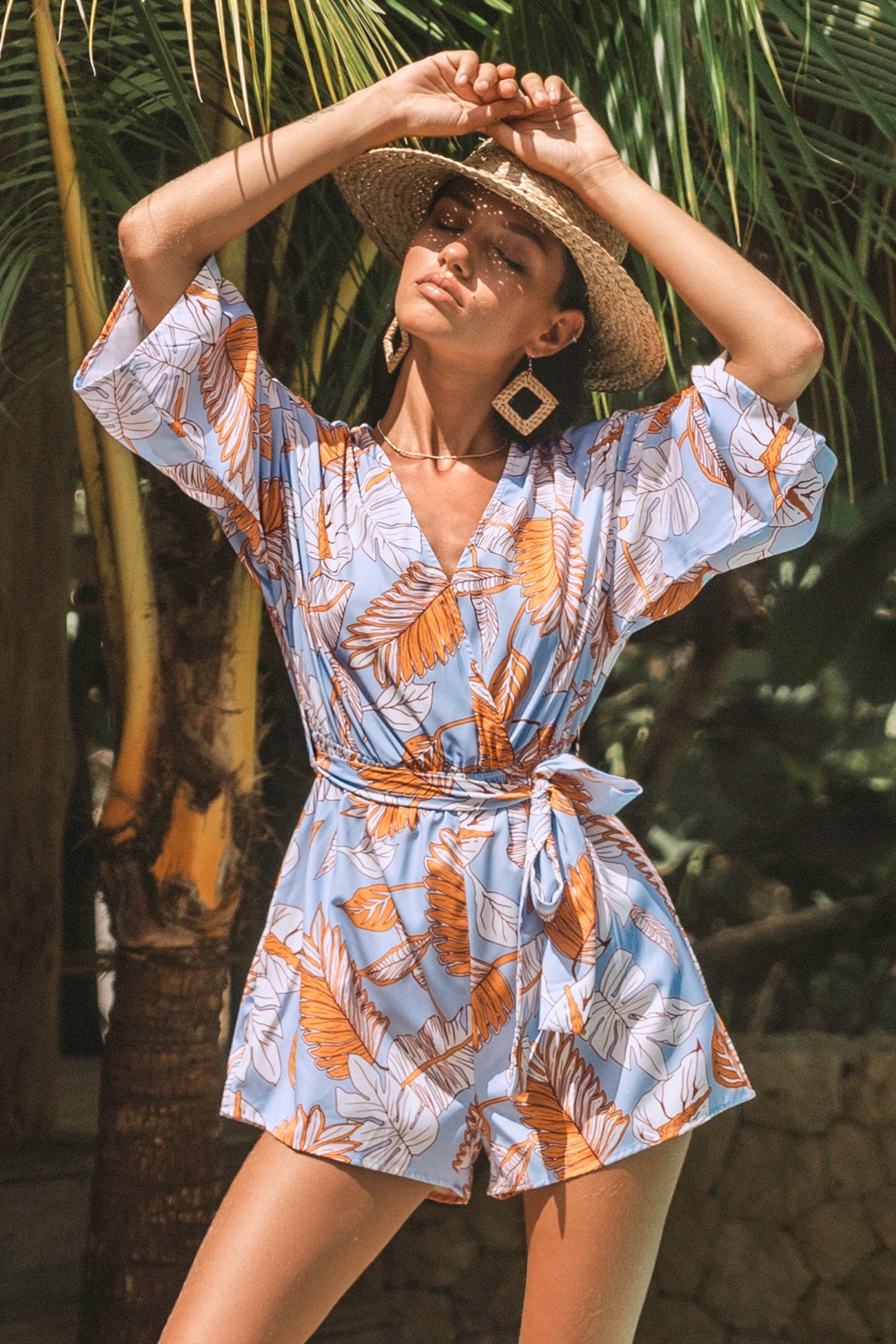 Belted Tropical Palms Romper