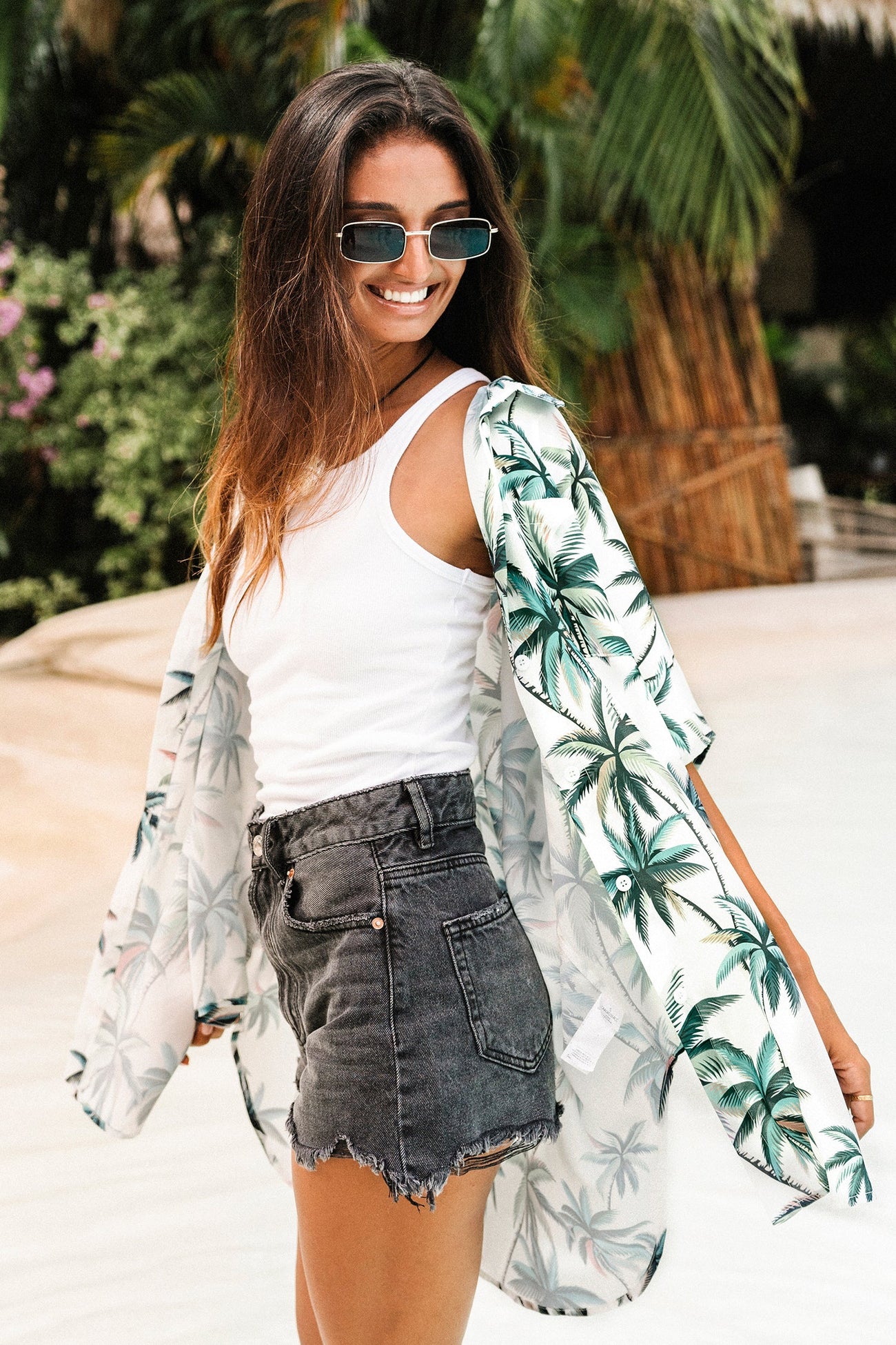 Palm Tree Print Tie Front Shirt