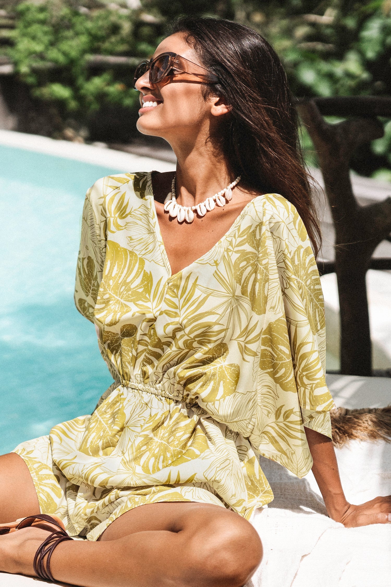 Tropical Leaf Print Bell Sleeve Romper