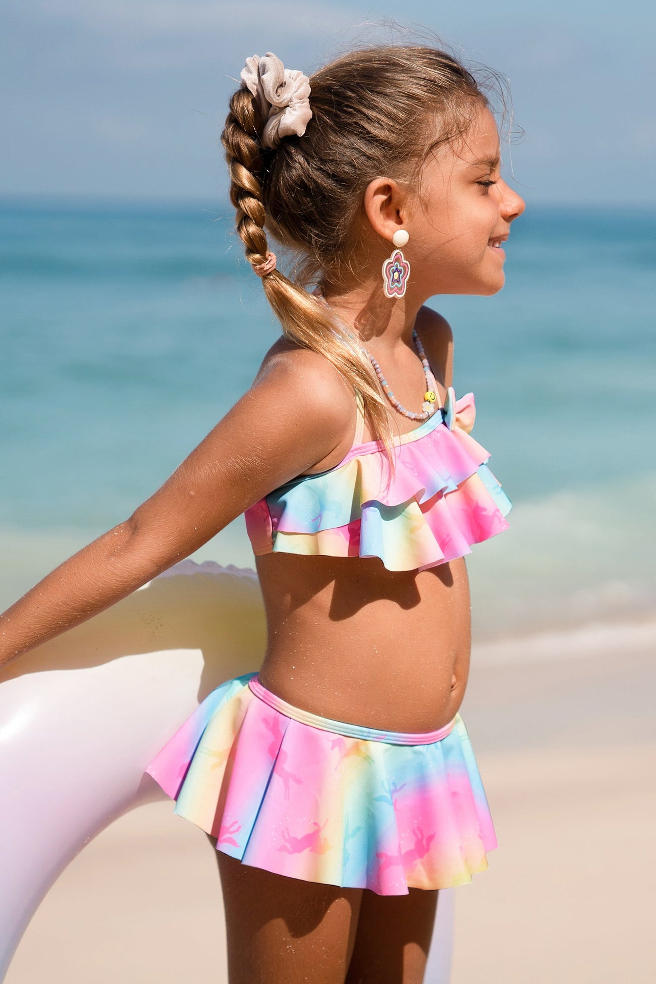 Girls Rainbow Pegasus Ruffled Top & Skirt Bikini Set