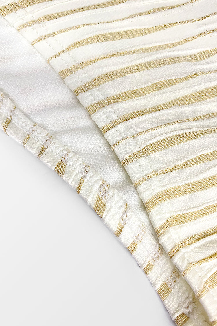 Lurex Texture Deep Plunge White Halter One Piece Swimsuit