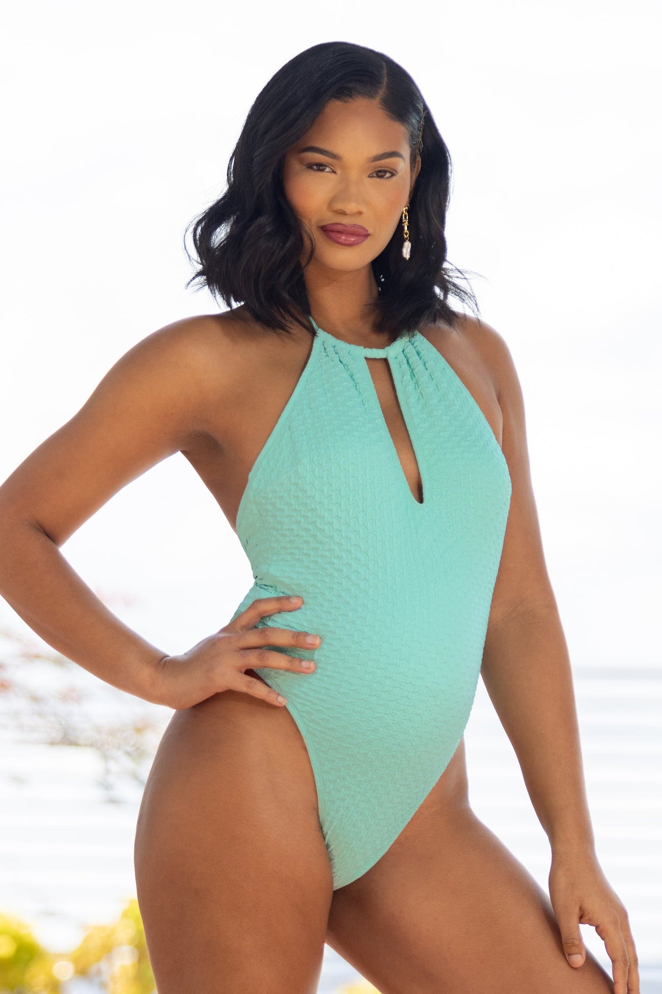 Pucker Up Texture Cutout Halter Ultra Cheeky One Piece Swimsuit