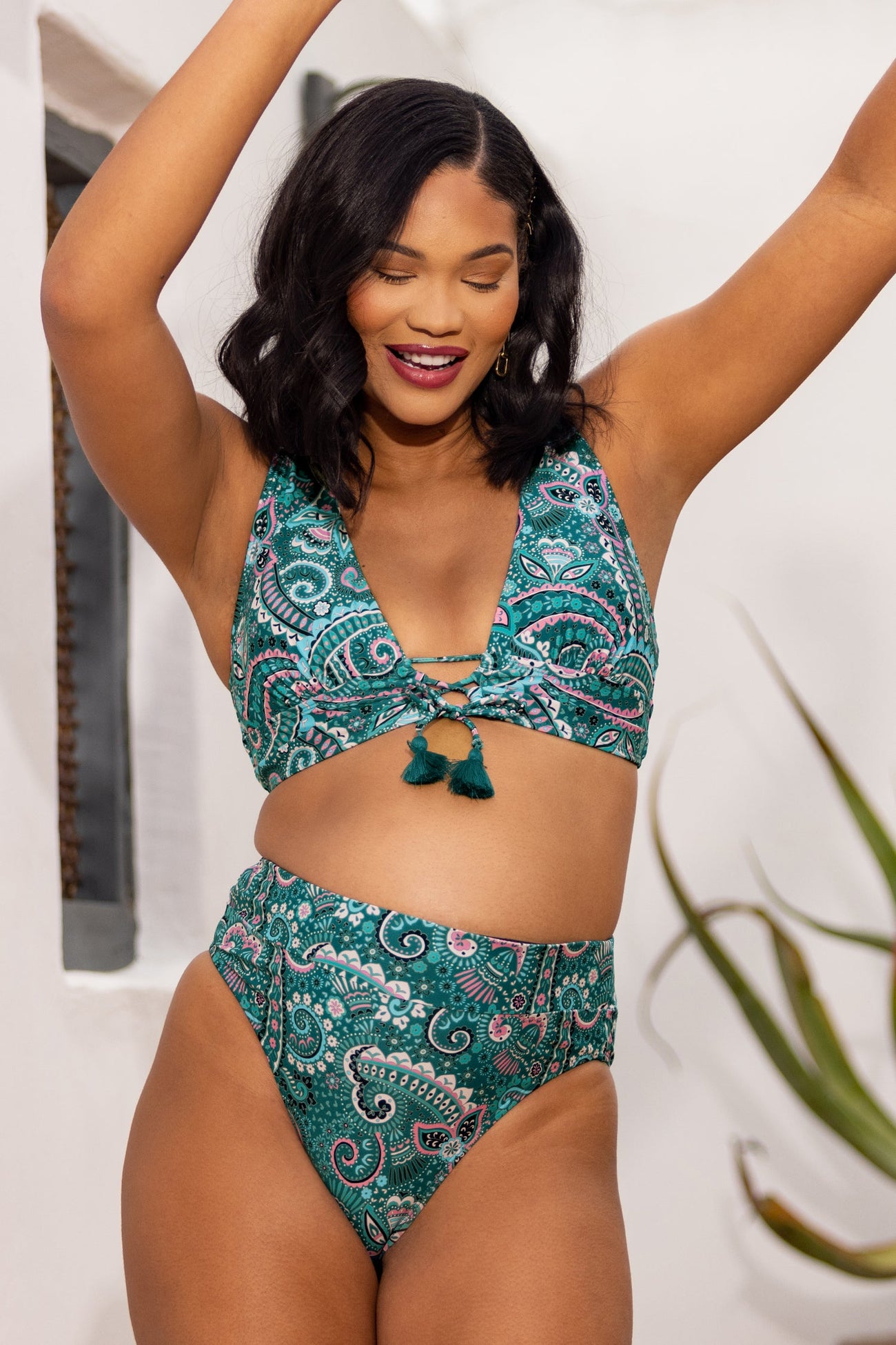 Spring Paisley Fringe Front Top & Banded High Waist Bikini Set