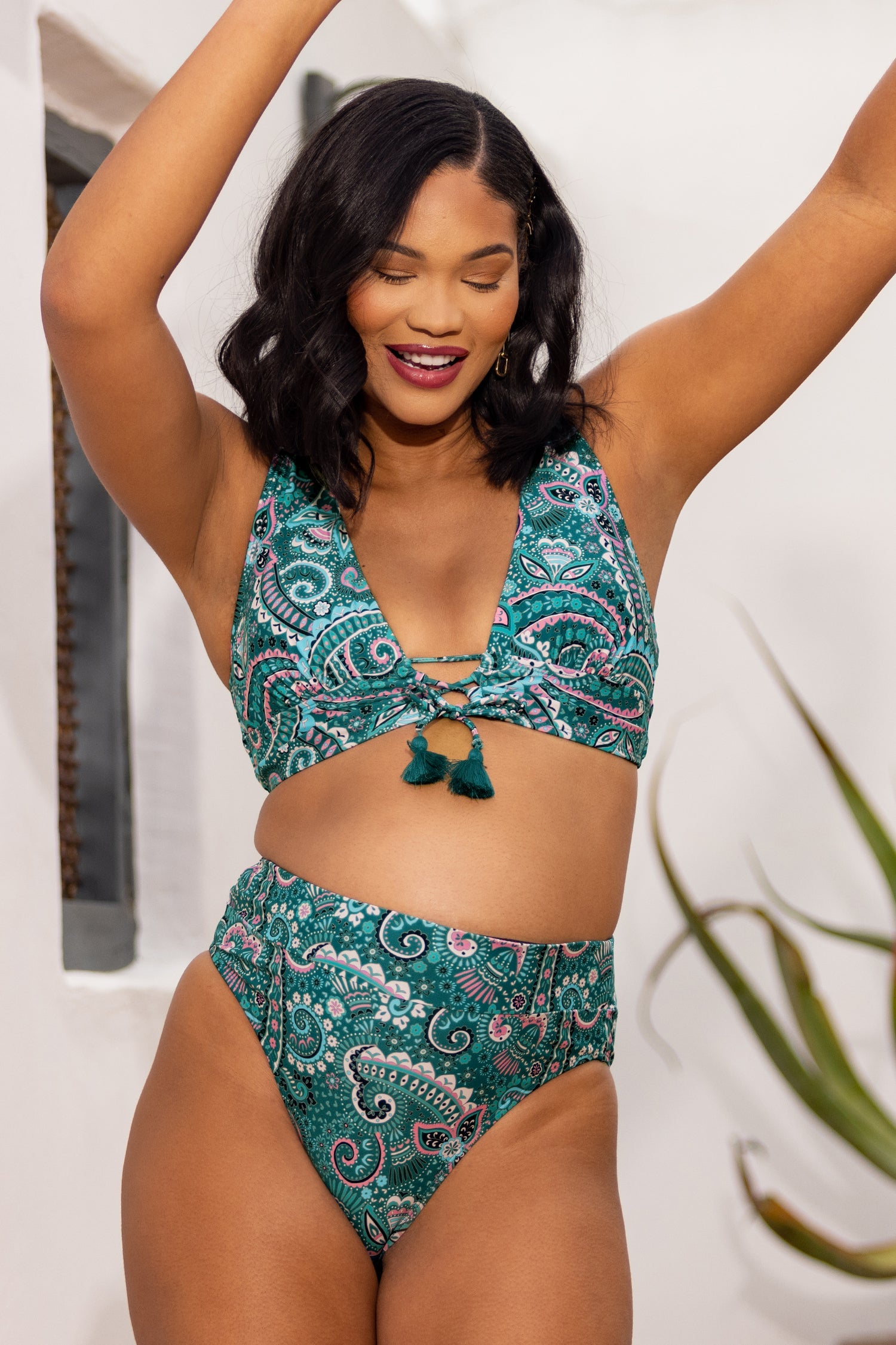Spring Paisley Fringe Front Top & Banded High Waist Bikini Set