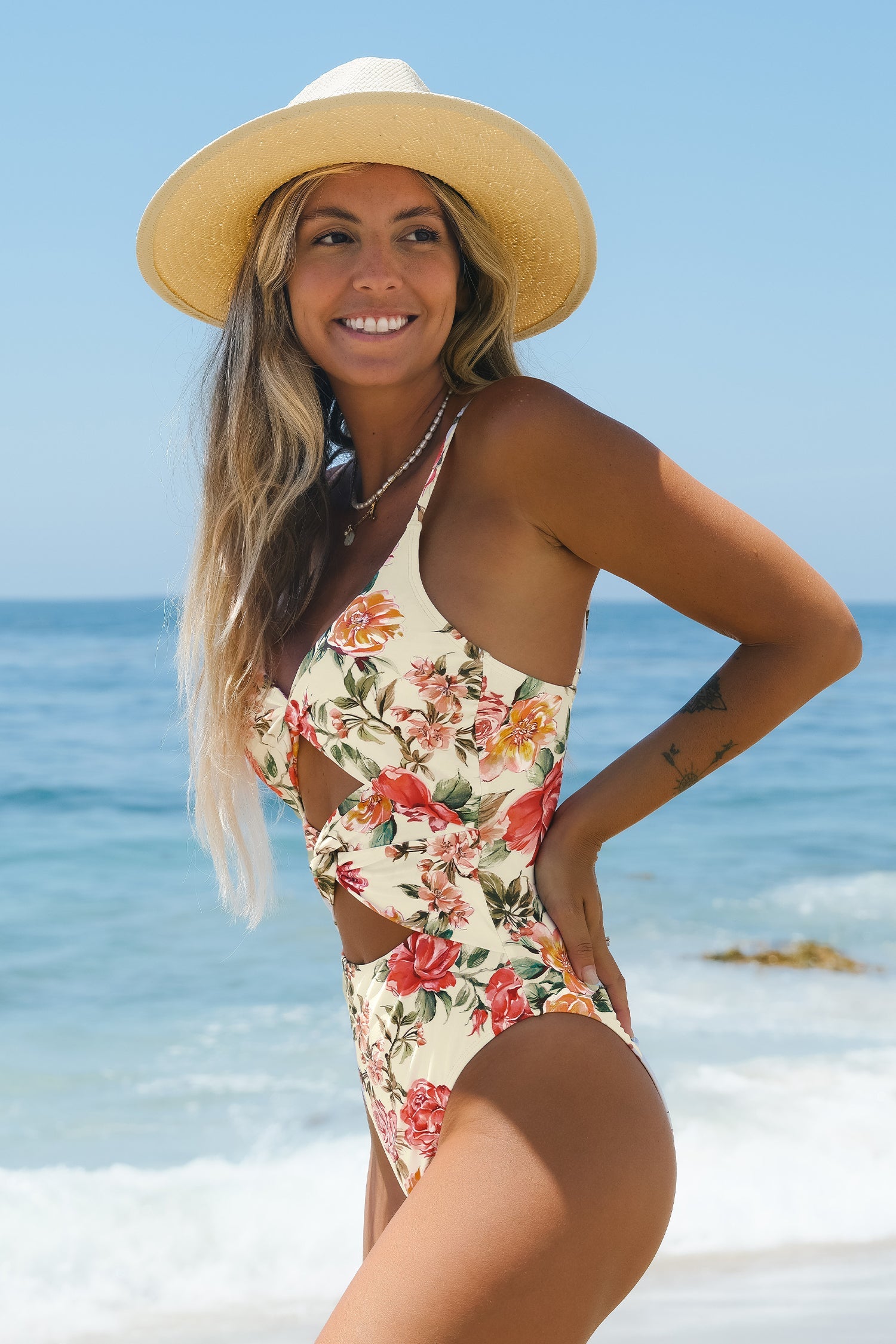 Elegant Rose Twisted Cutout Cheeky One Piece Swimsuit