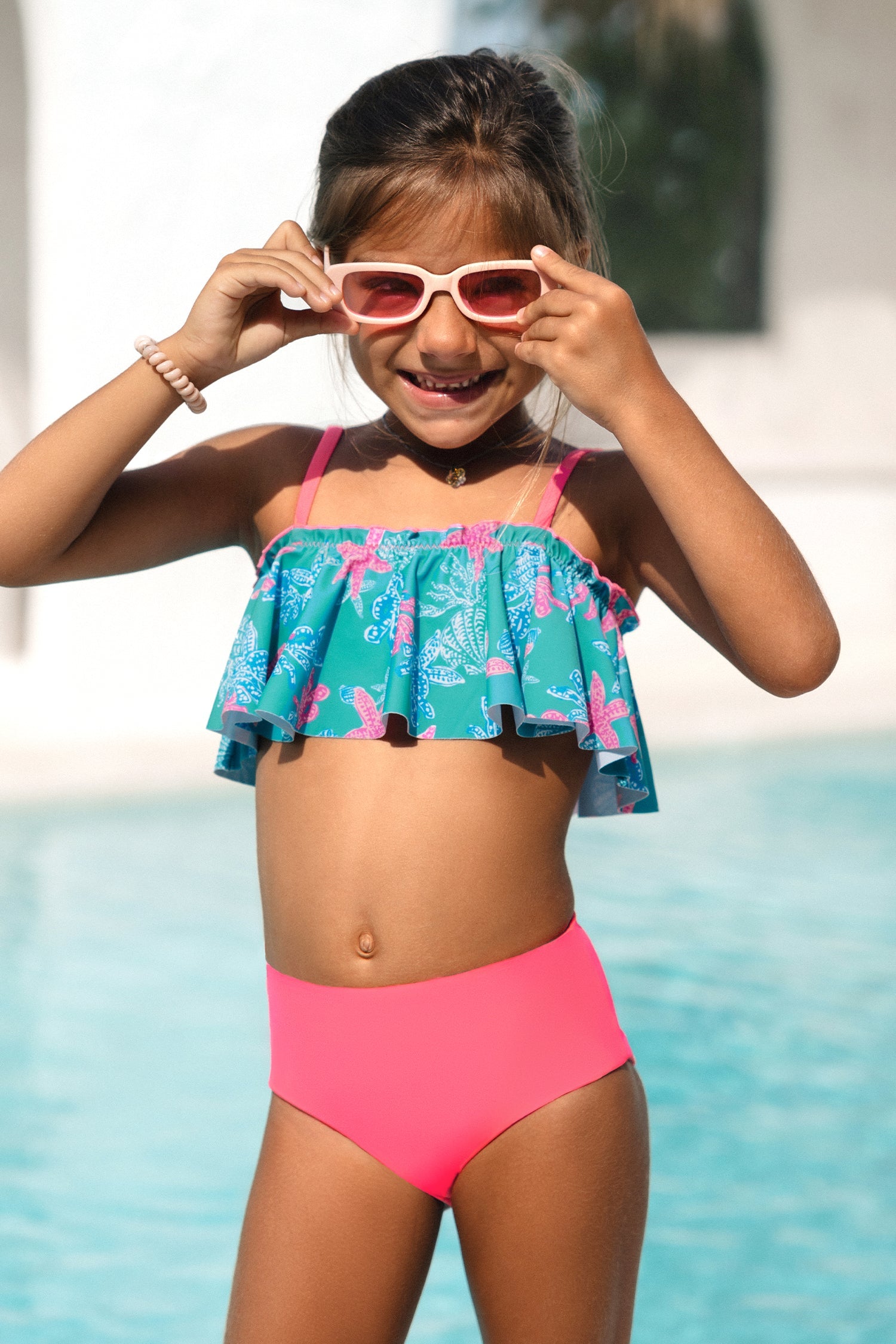 Girls Nautical Starfish Ruffled Top & Reversible Bikini Set