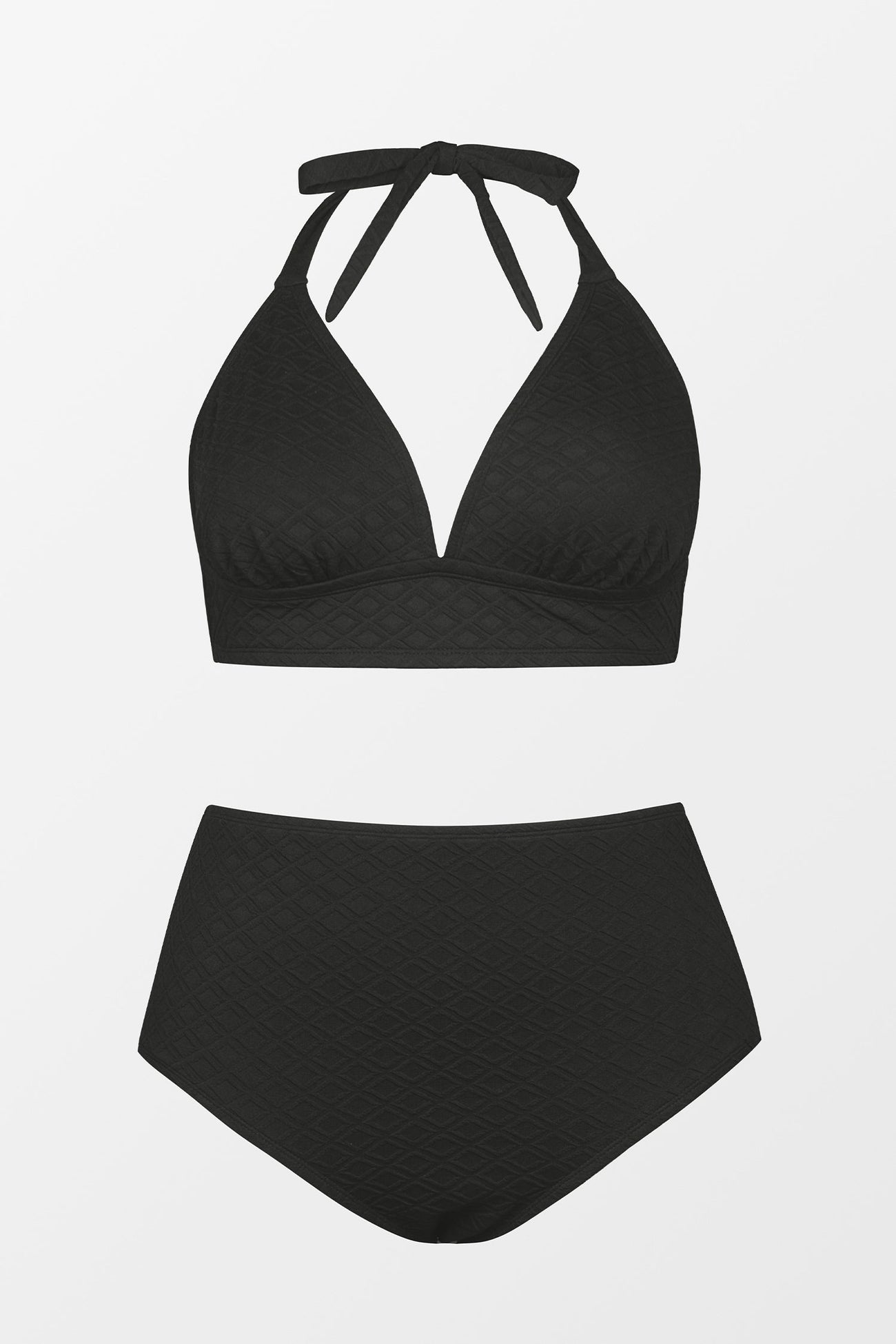 Jacquard Halter Triangle & Retro High Waist Bikini Set