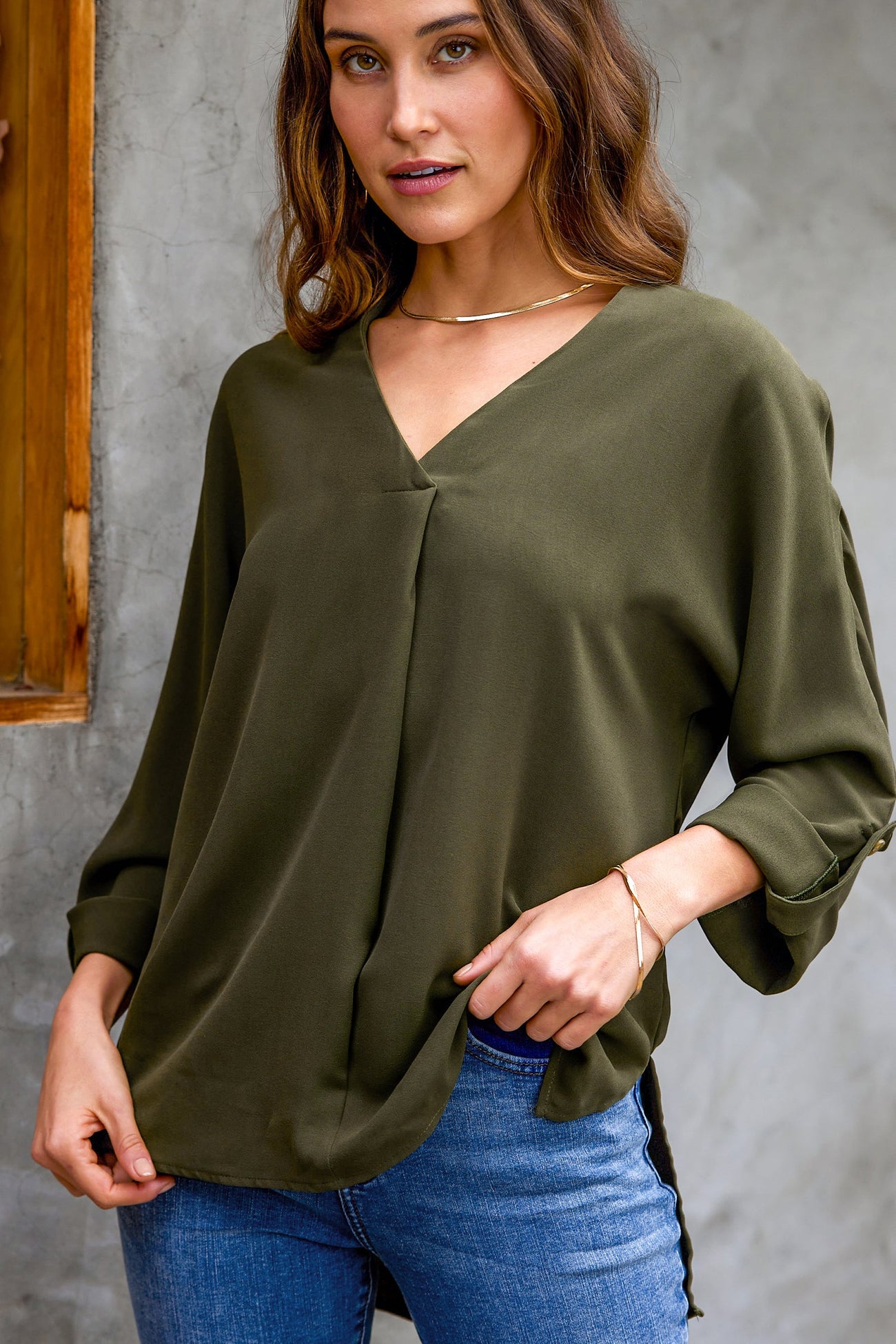 Addison V-Neck Rolled Cuff Top
