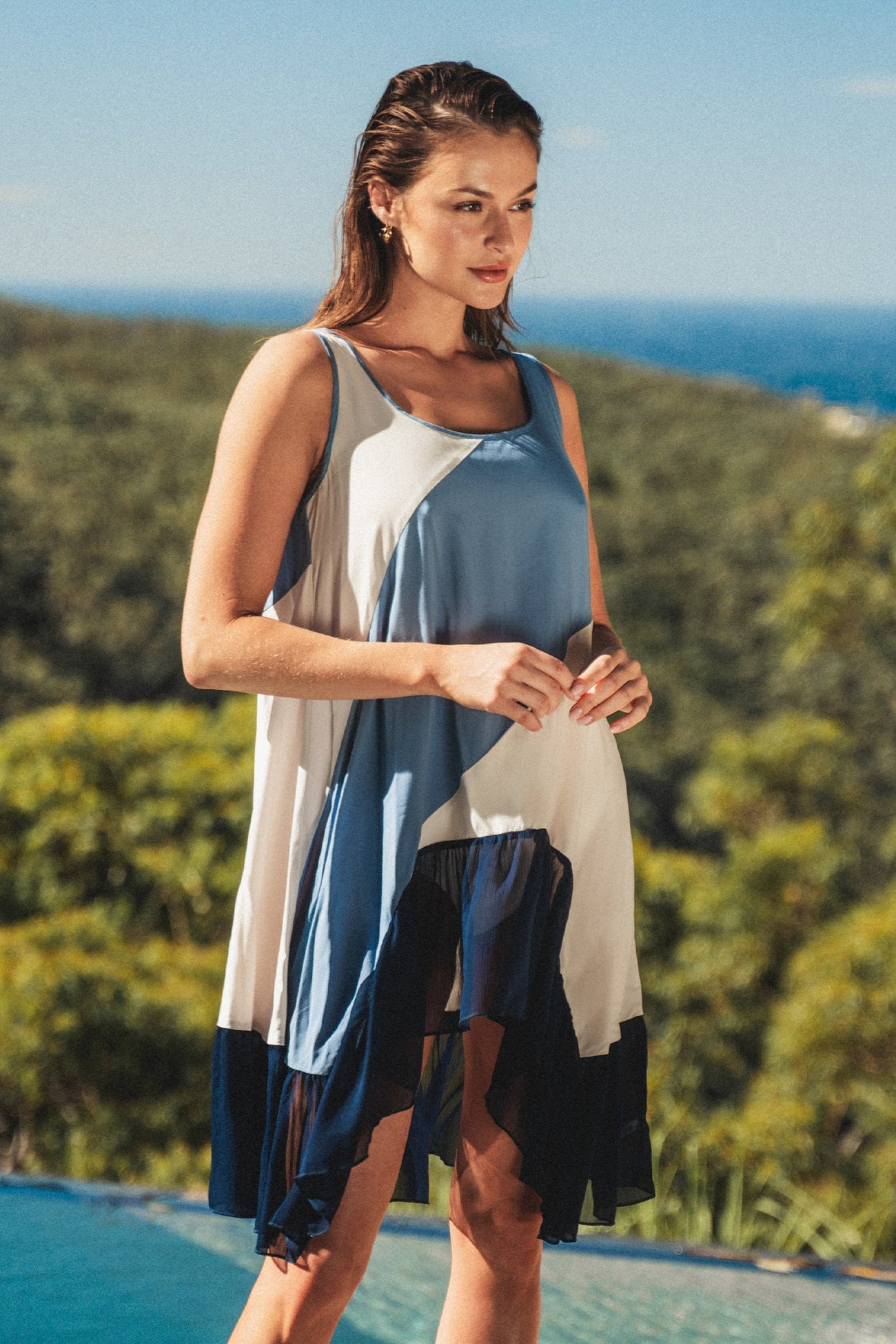 Colorblock Asymmetrical Hem Cover-Up Dress