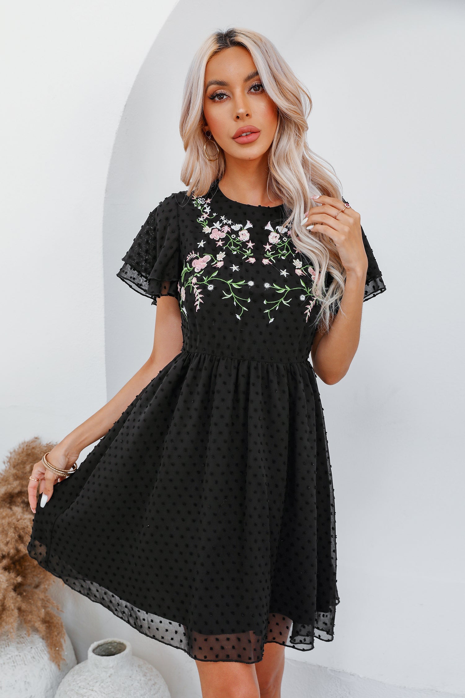 Freedom Beach Embroidered Floral Clip Dot Dress