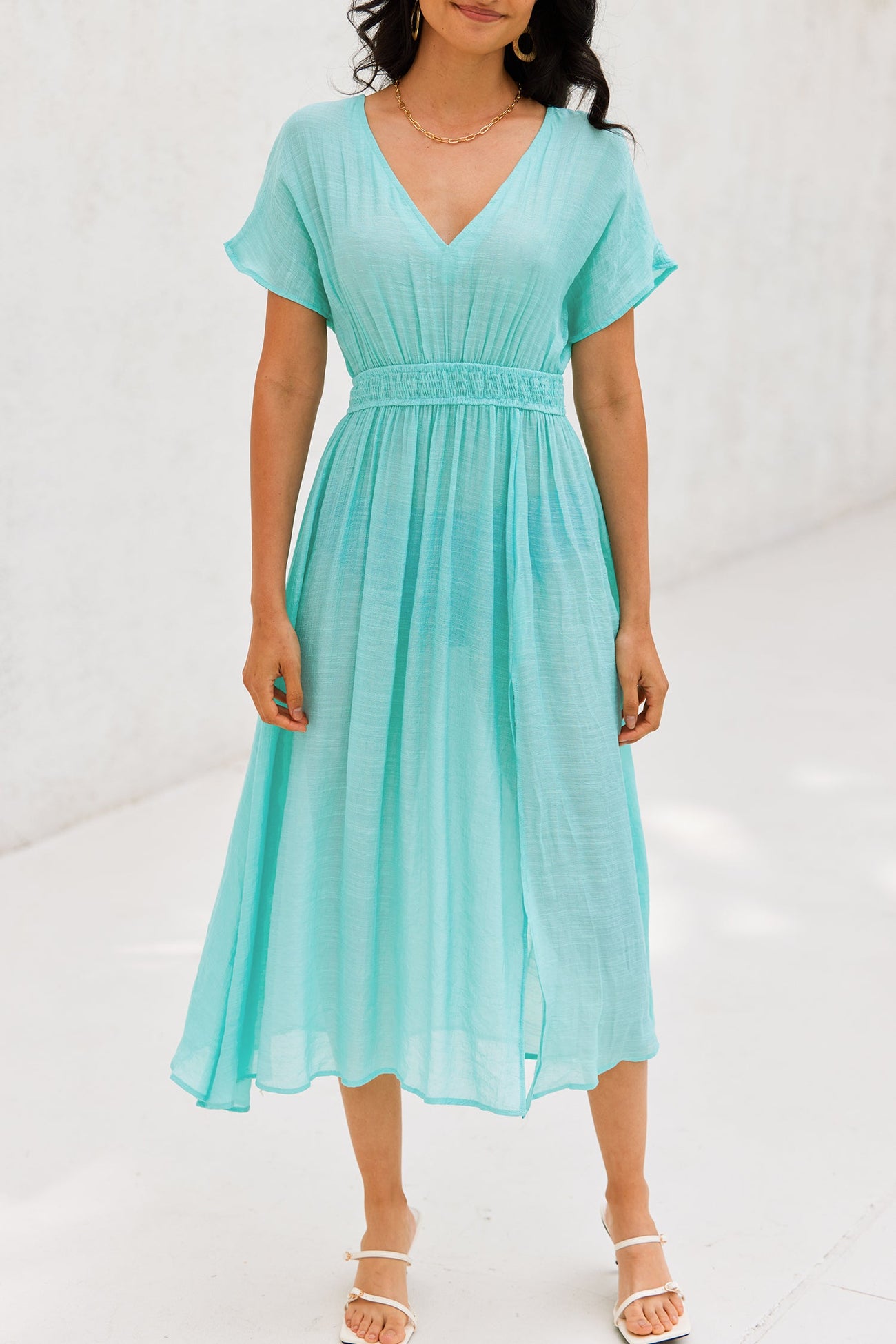 Seafoam Plunging Smocked Cover-Up Maxi Dress