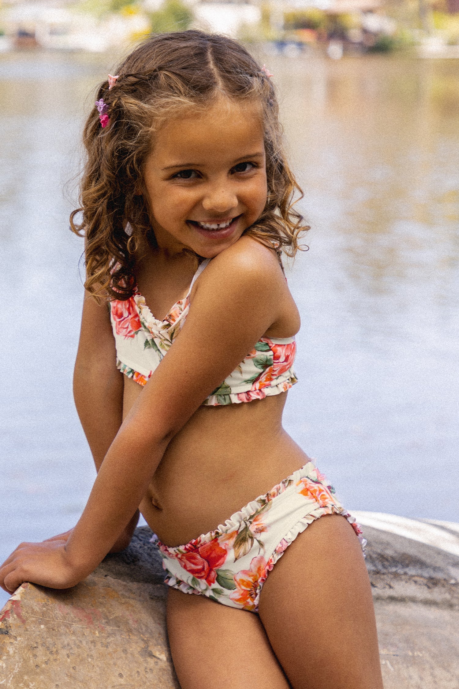Girls Elegant Rose Ruffled Top & Mid Rise Bikini Set